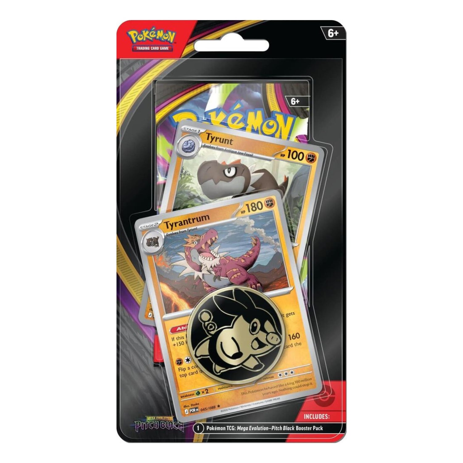 Sealed Pokémon Pitch Black Premium Checklane Blister showing Tyrunt and Tyrantrum promo cards plus a gold metal coin