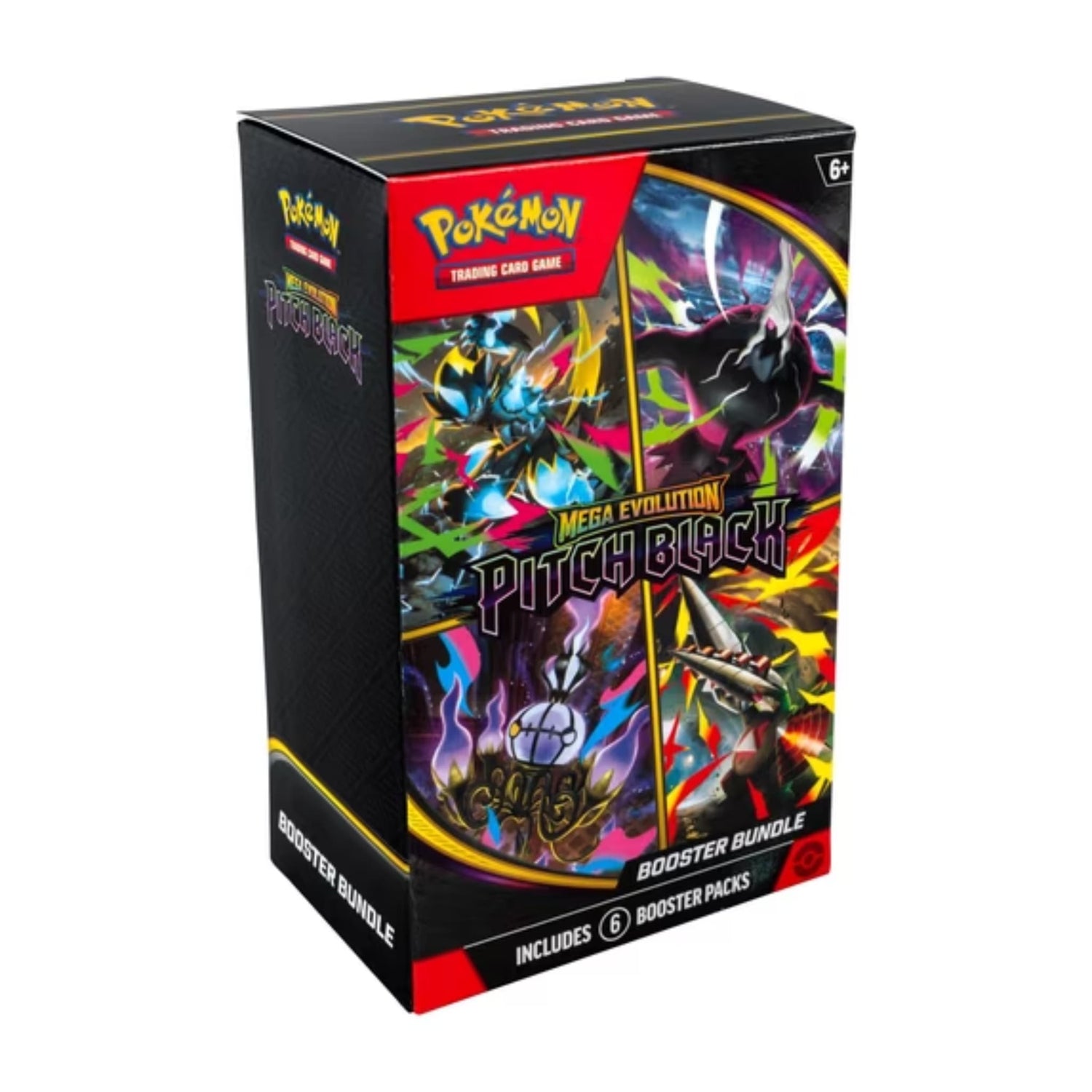 Sealed Pokémon TCG Mega Evolution—Pitch Black Booster Bundle box and six booster packs featuring Mega Darkrai ex and Mega Zeraora ex