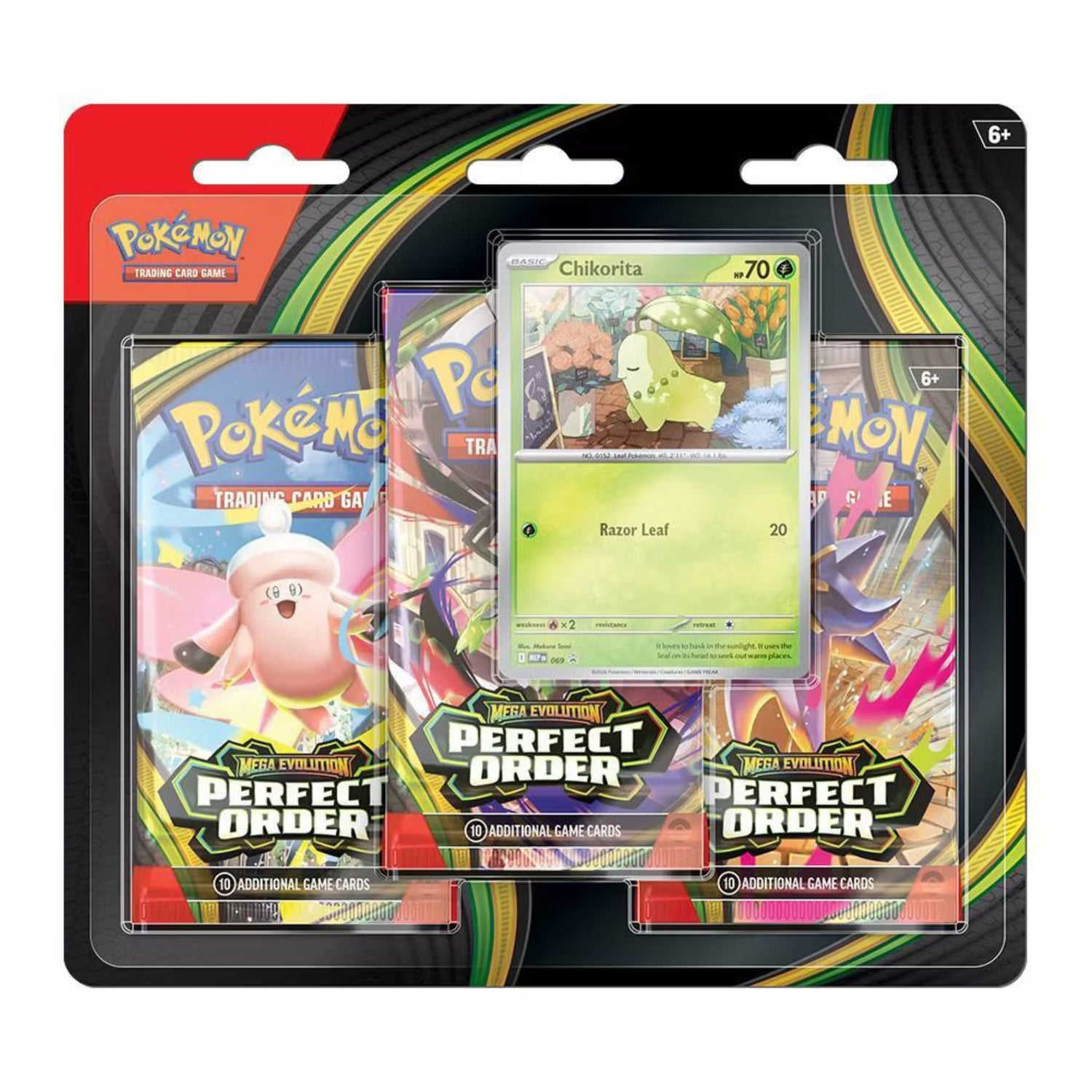 Sealed Pokémon TCG Mega Evolution — Perfect Order 3‑booster blister pack with Chikorita promo card visible