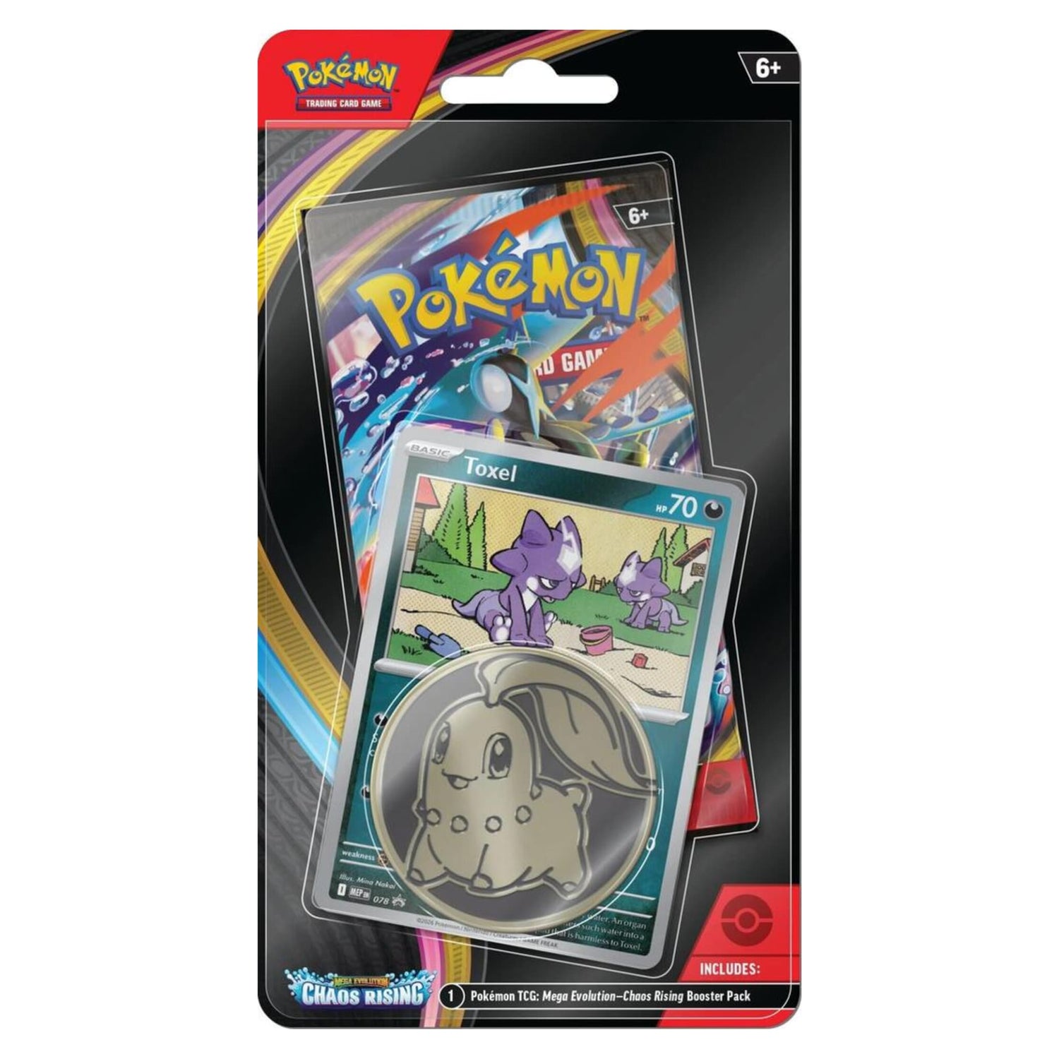 Sealed Pokémon TCG Chaos Rising blister showing Toxel promo card, metal coin, and Chaos Rising booster pack
