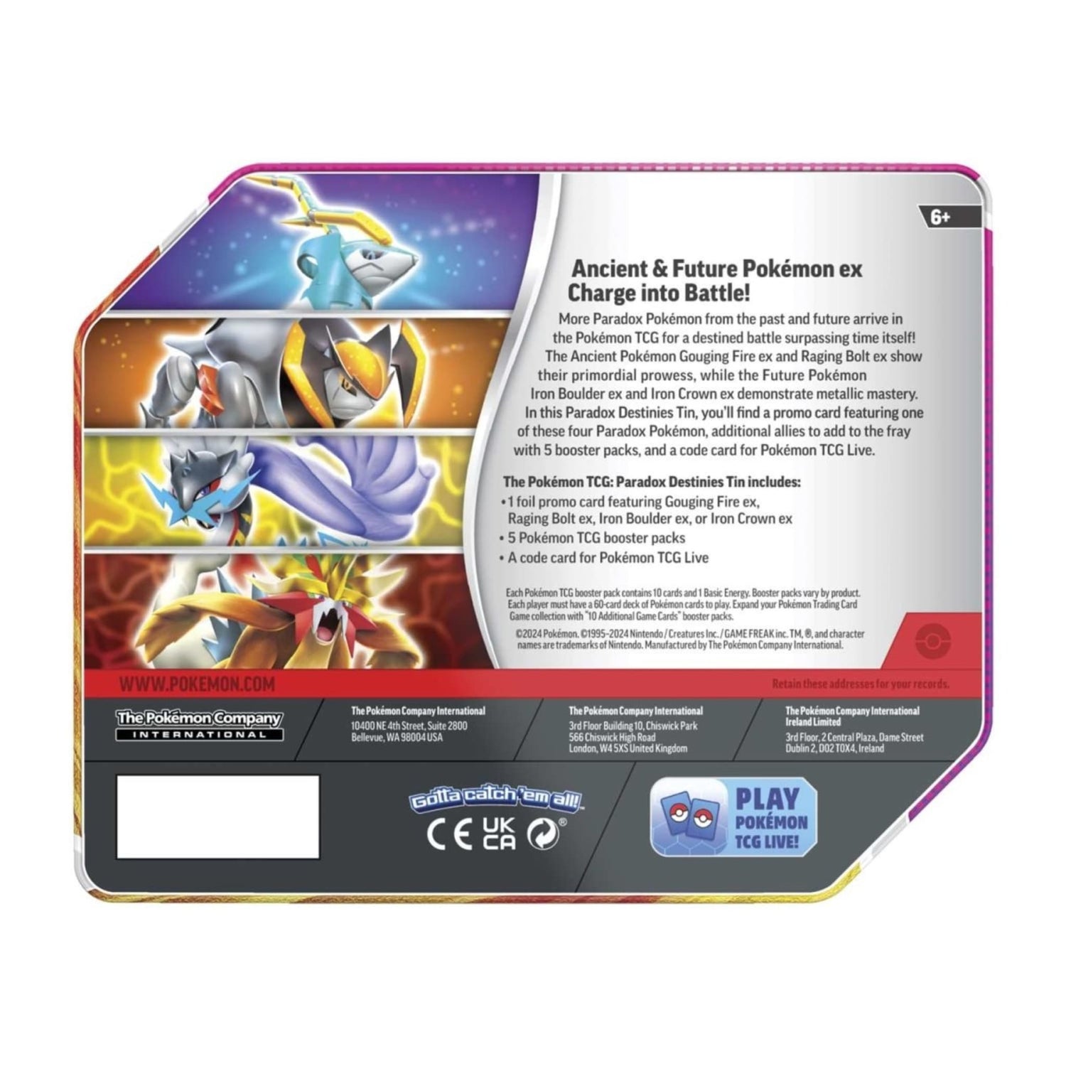 Paradox Destinies tin showing foil Raging Bolt ex promo card, five booster packs and a Pokémon TCG Live code card