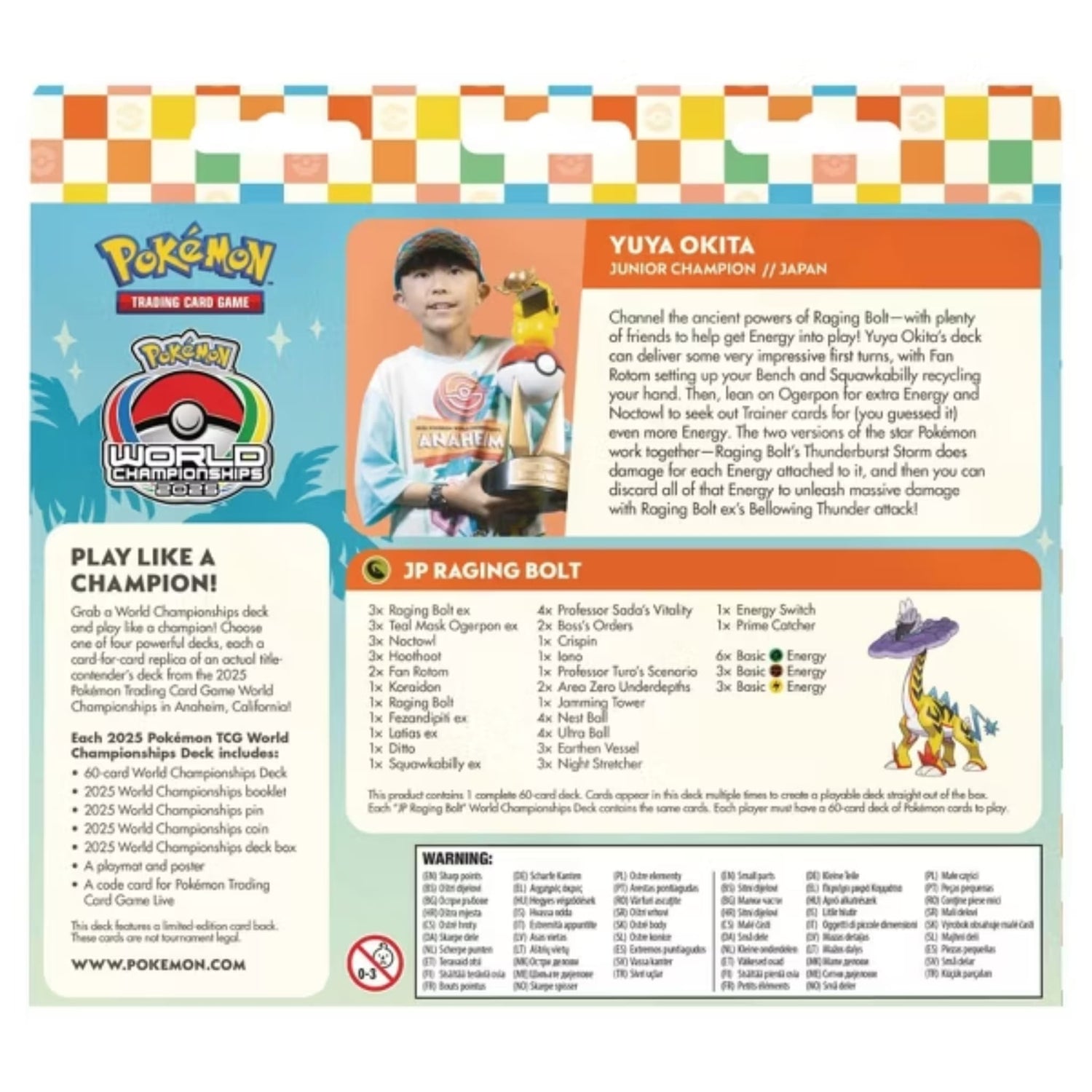 Sealed 2025 Pokémon World Championships Deck featuring Yuya Okita JP Raging Bolt, Pikachu pin, Anaheim 2025 coin and booklet visible in packaging.