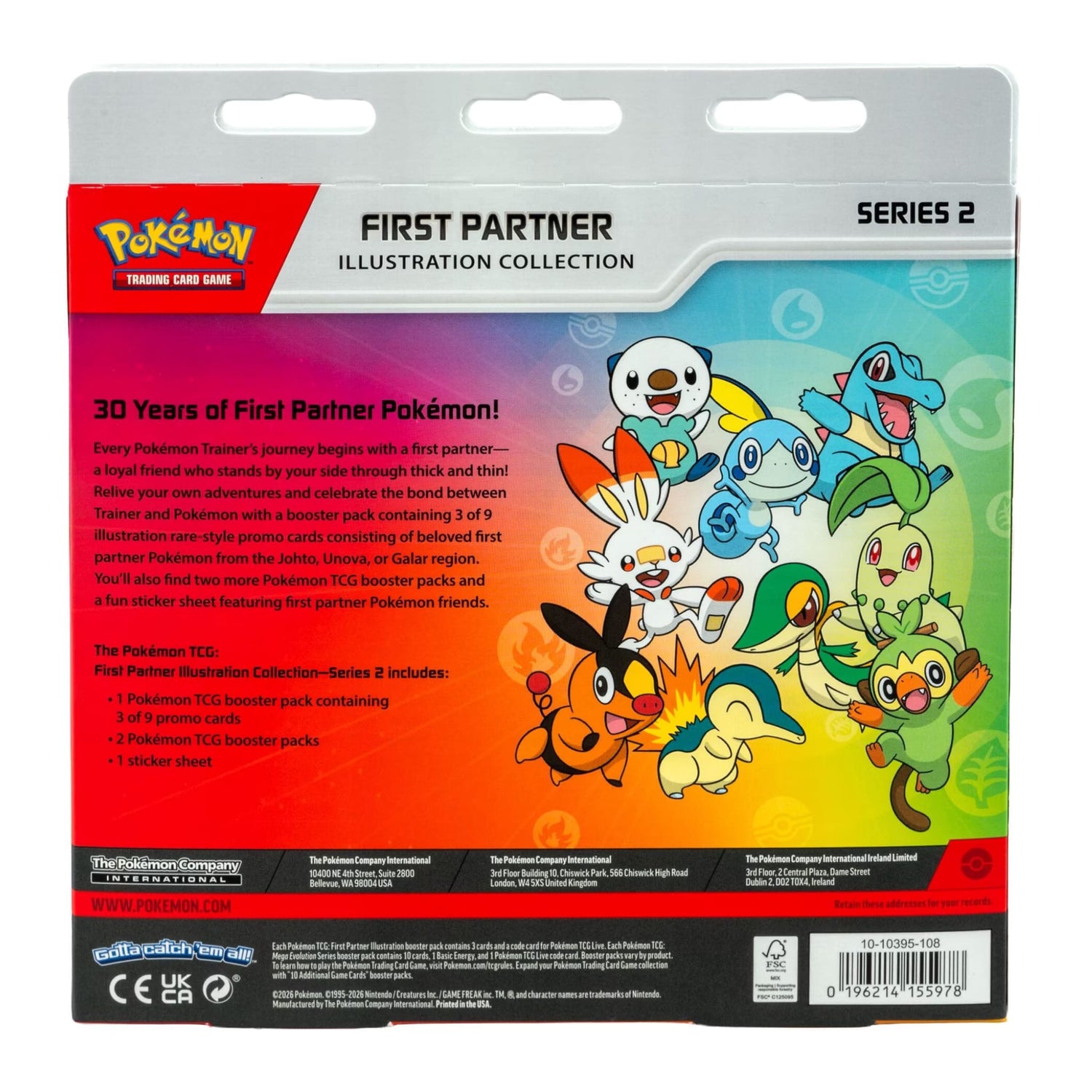 Sealed Pokémon TCG First Partner Illustration Collection Series 2 box showing First Partner artwork, two booster pack images, and sticker sheet illustration with 'Includes 3 bonus promo cards' noted on packaging.