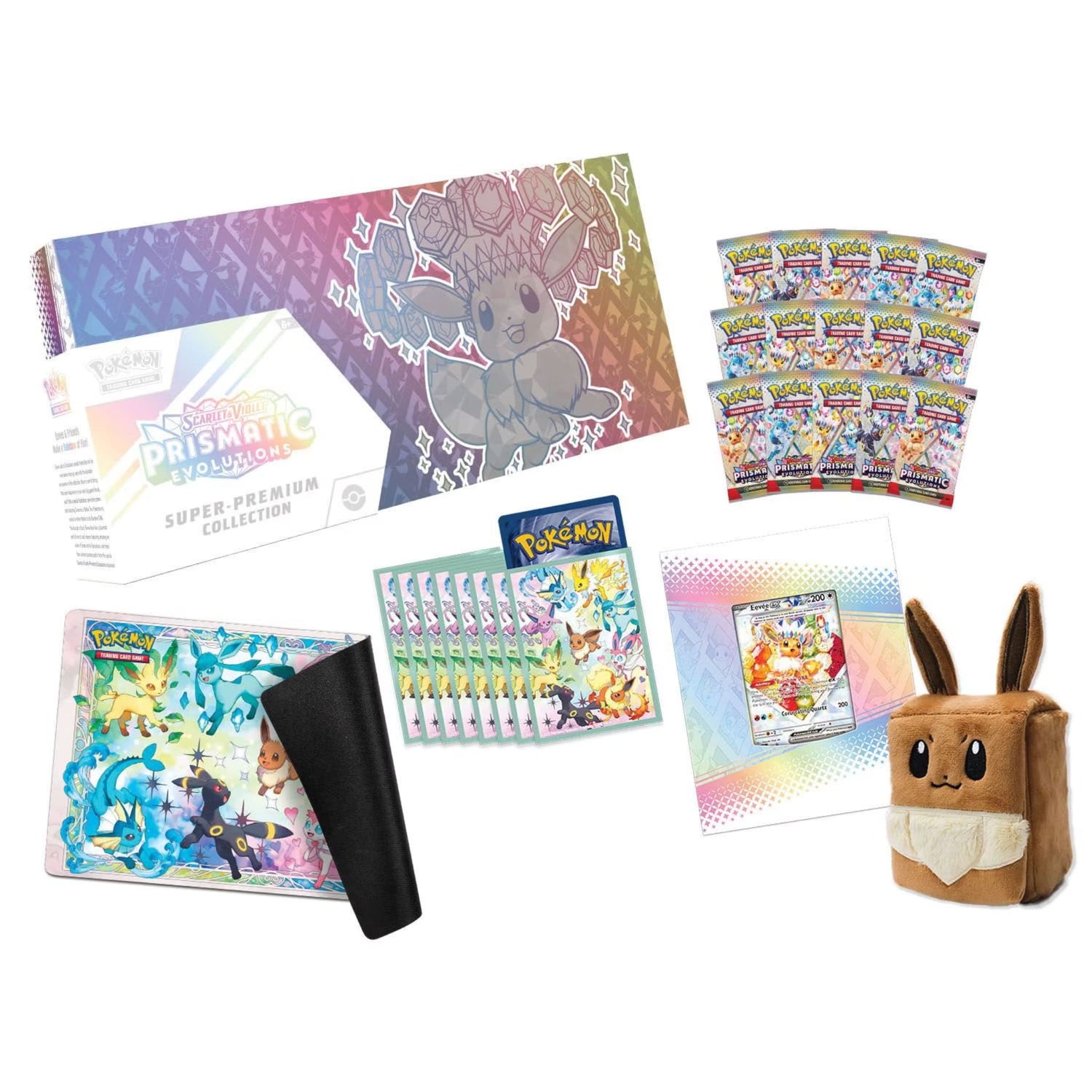 Sealed Pokémon TCG Scarlet & Violet Prismatic Evolutions Super‑Premium Collection box and contents featuring Eevee artwork