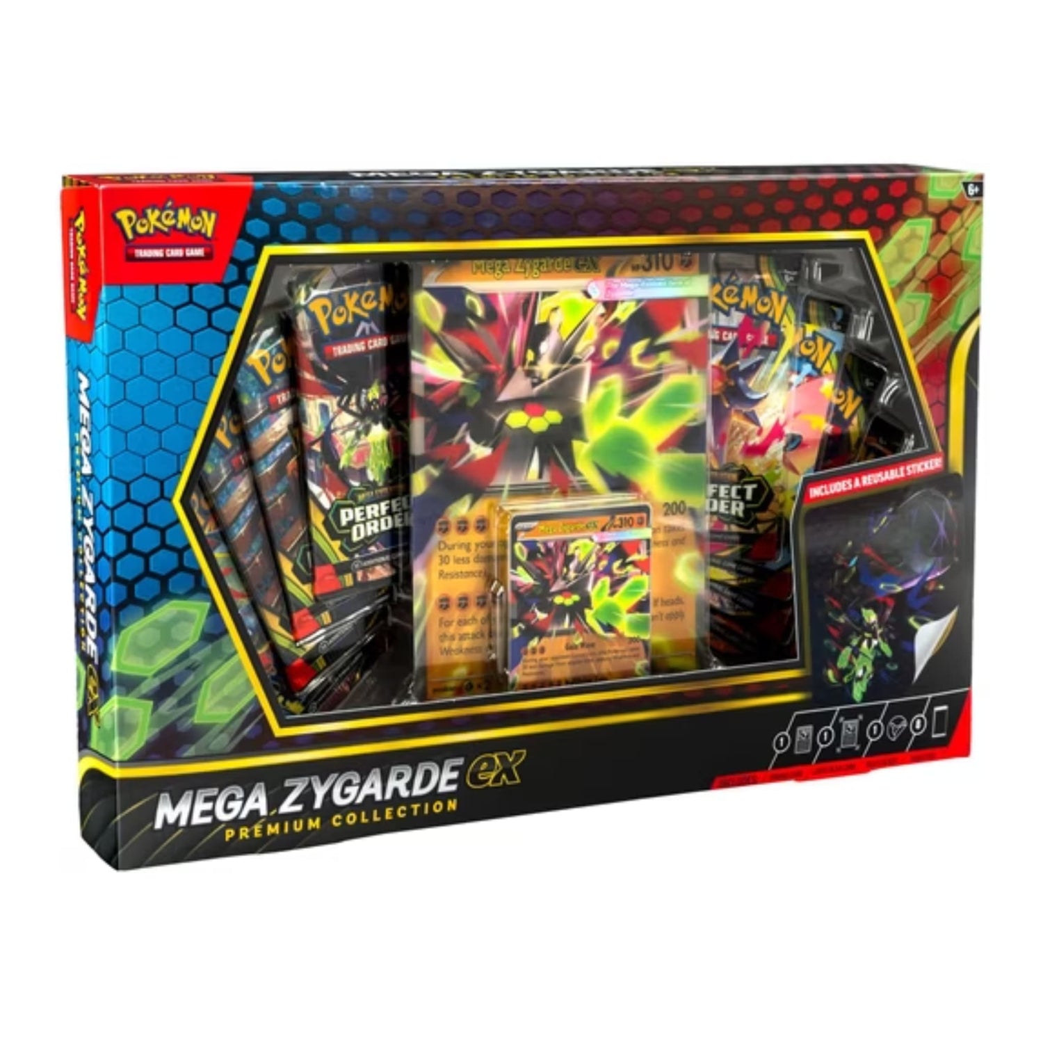 Sealed Mega Zygarde ex Premium Collection box showing the foil promo card, oversize lenticular, tech sticker and several booster packs.