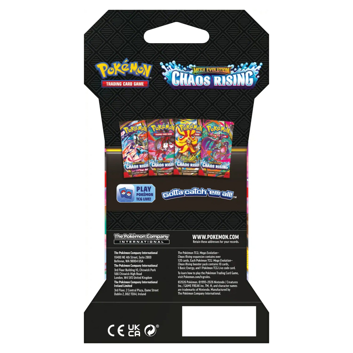 Sealed Pokémon TCG Mega Evolution Chaos Rising sleeved booster pack featuring Mega Greninja, Mega Floette, Mega Pyroar and Mega Dragalge artwork