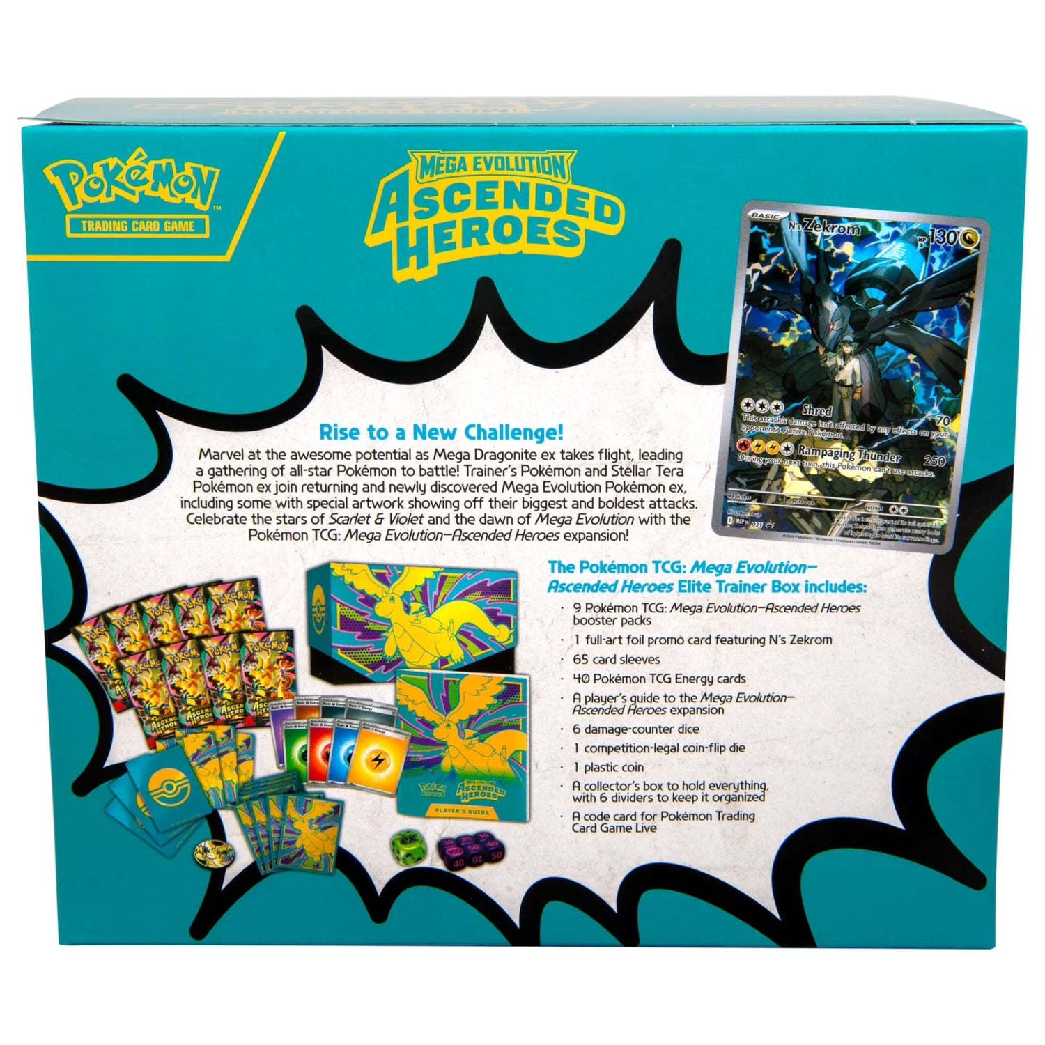 Sealed Pokémon Mega Evolution—Ascended Heroes Elite Trainer Box showing box artwork, promo foil card, booster packs and accessories