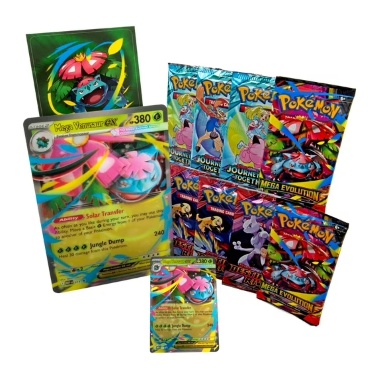 Sealed Pokémon TCG Mega Venusaur ex Premium Collection box showing foil promo, oversize lenticular, tech sticker and booster packs