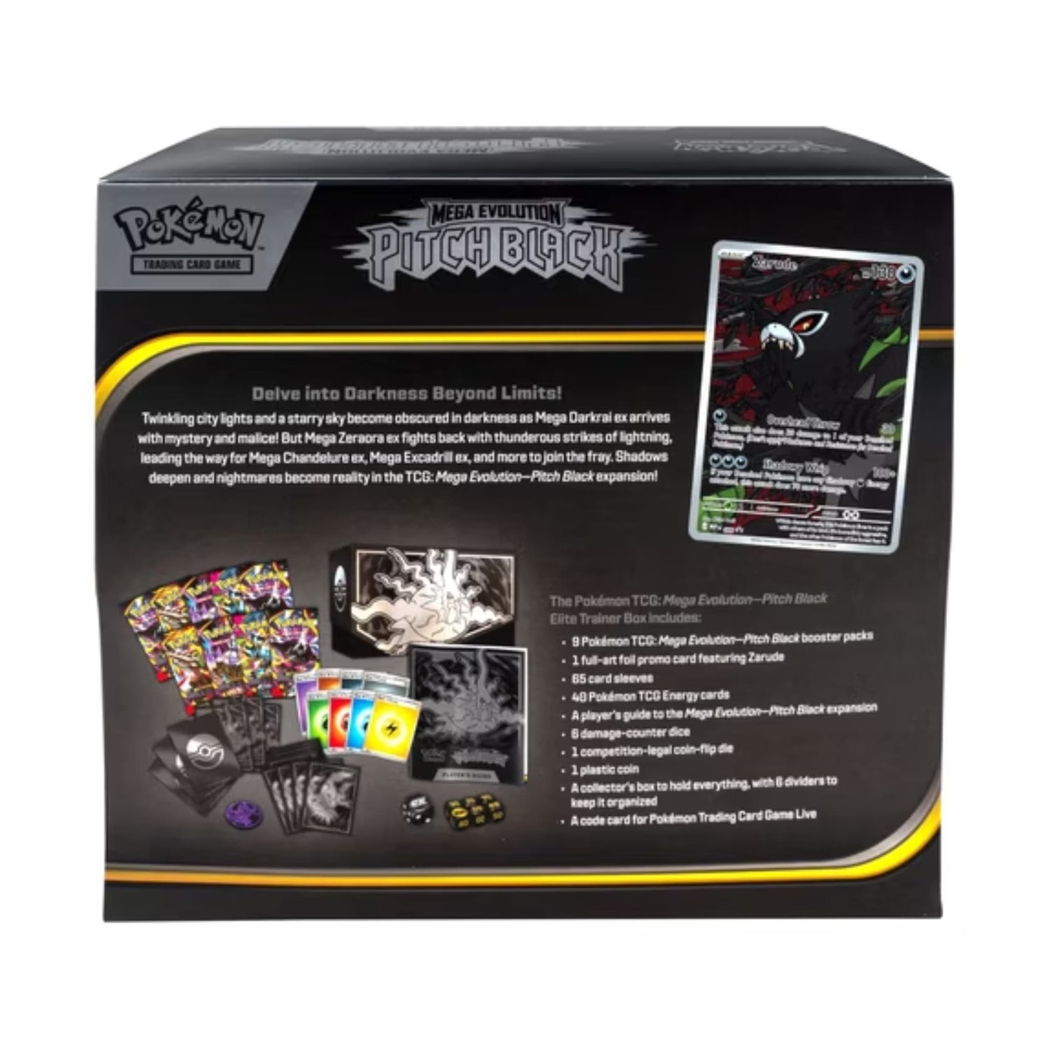 Sealed Pokémon TCG Mega Evolution—Pitch Black Elite Trainer Box with shown contents (booster packs, sleeves, promo, dice, tokens)