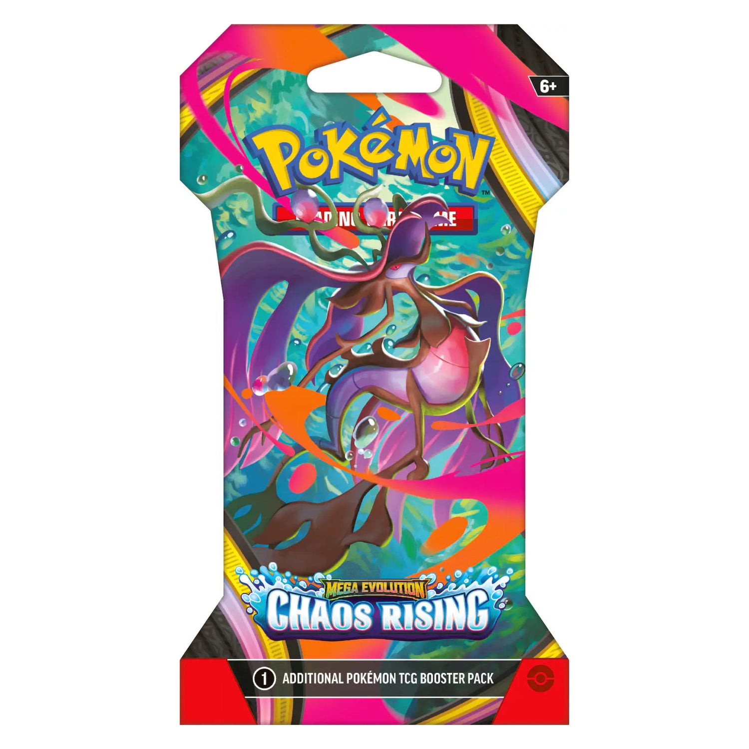 Sealed Pokémon TCG Mega Evolution Chaos Rising sleeved booster pack featuring Mega Greninja, Mega Floette, Mega Pyroar and Mega Dragalge artwork