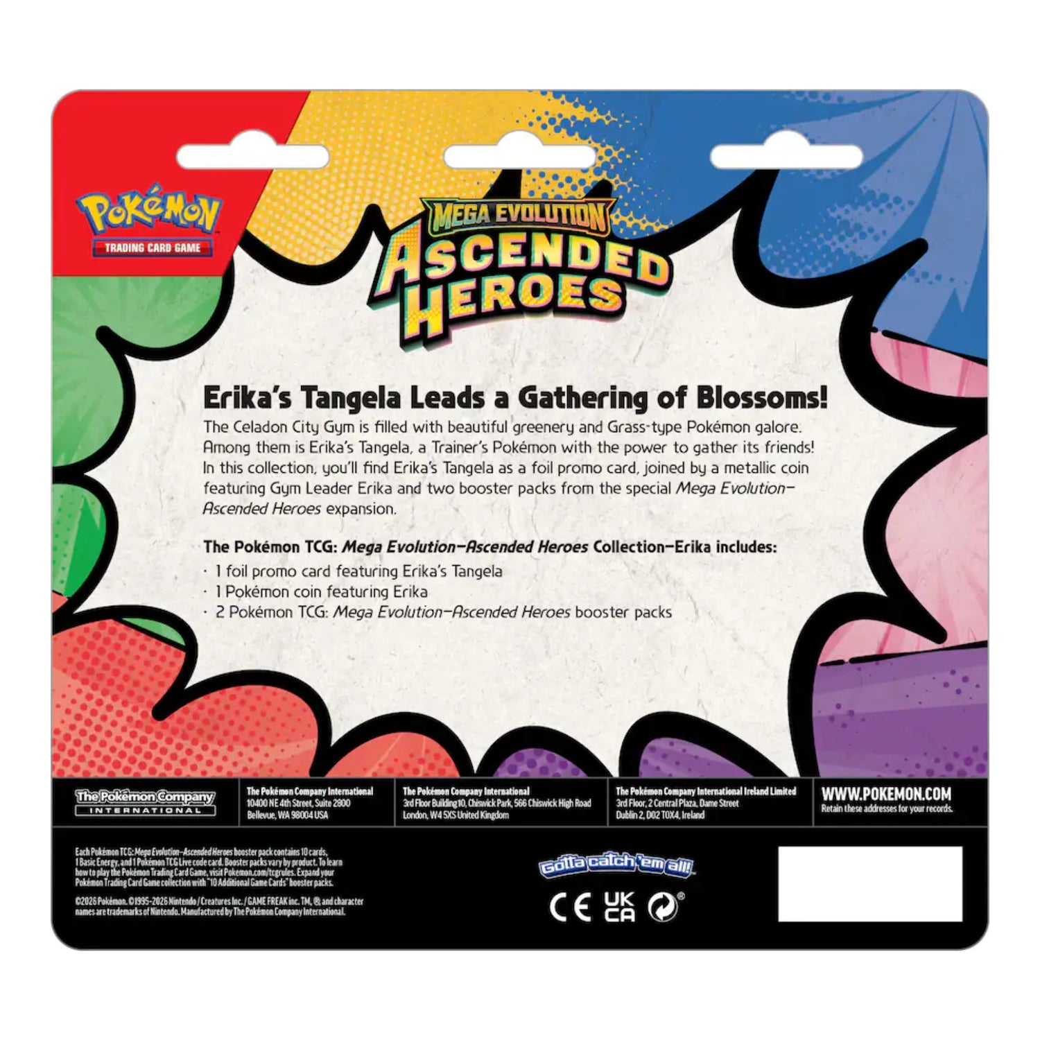 Sealed Pokémon TCG Mega Evolution—Ascended Heroes Erika collection blister showing Erika's Tangela foil promo card, Erika-themed metallic coin, and two Ascended Heroes booster packs.