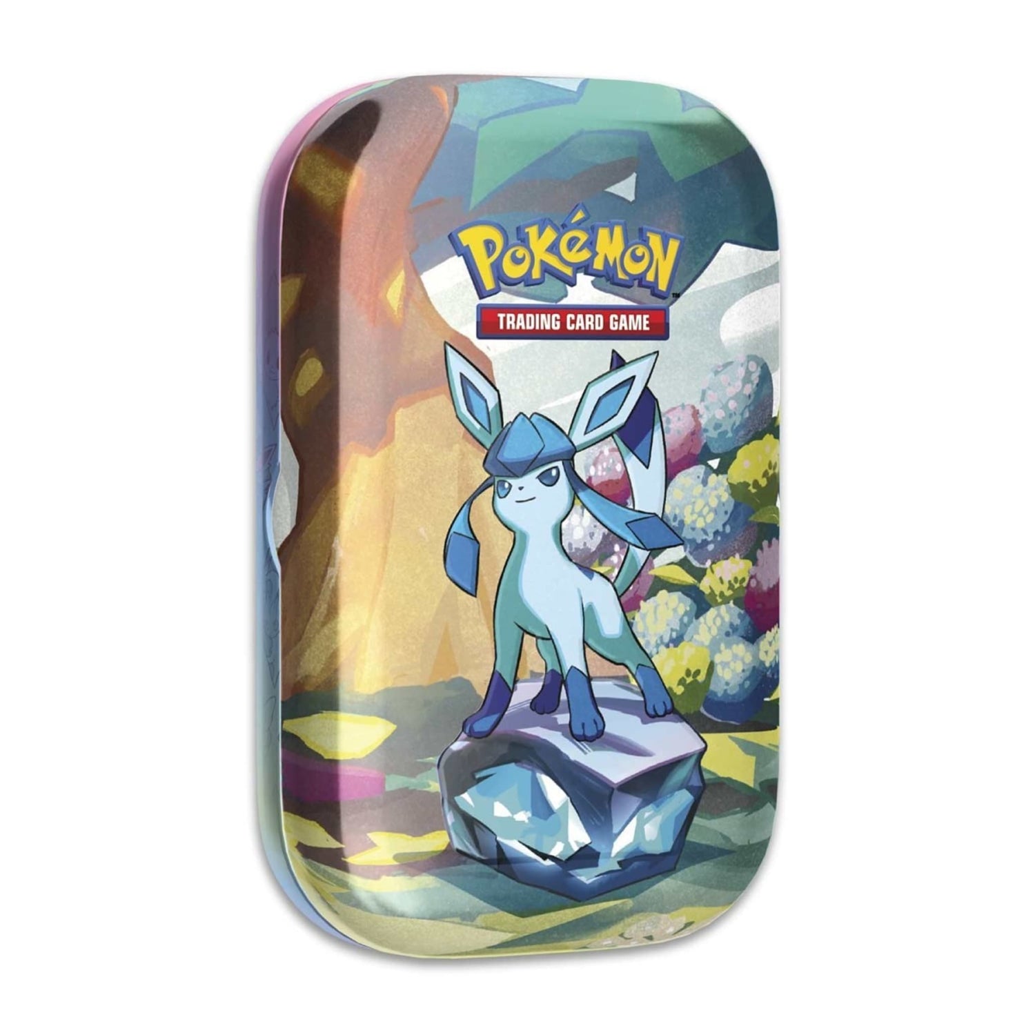 Glaceon artwork on Pokémon TCG Scarlet & Violet — Prismatic Evolutions Mini Tin with Eevee coin and two booster packs