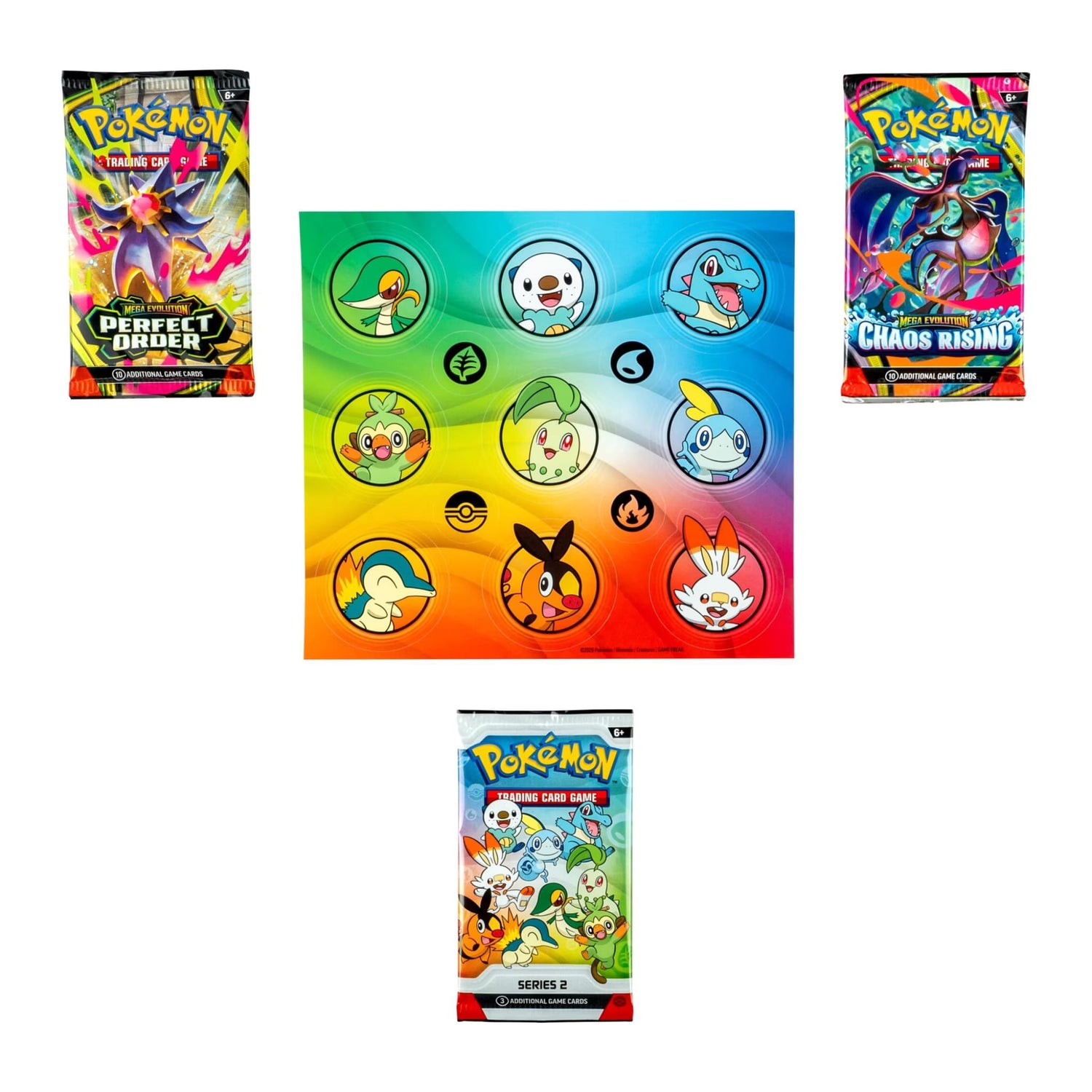 Sealed Pokémon TCG First Partner Illustration Collection Series 2 box showing First Partner artwork, two booster pack images, and sticker sheet illustration with 'Includes 3 bonus promo cards' noted on packaging.
