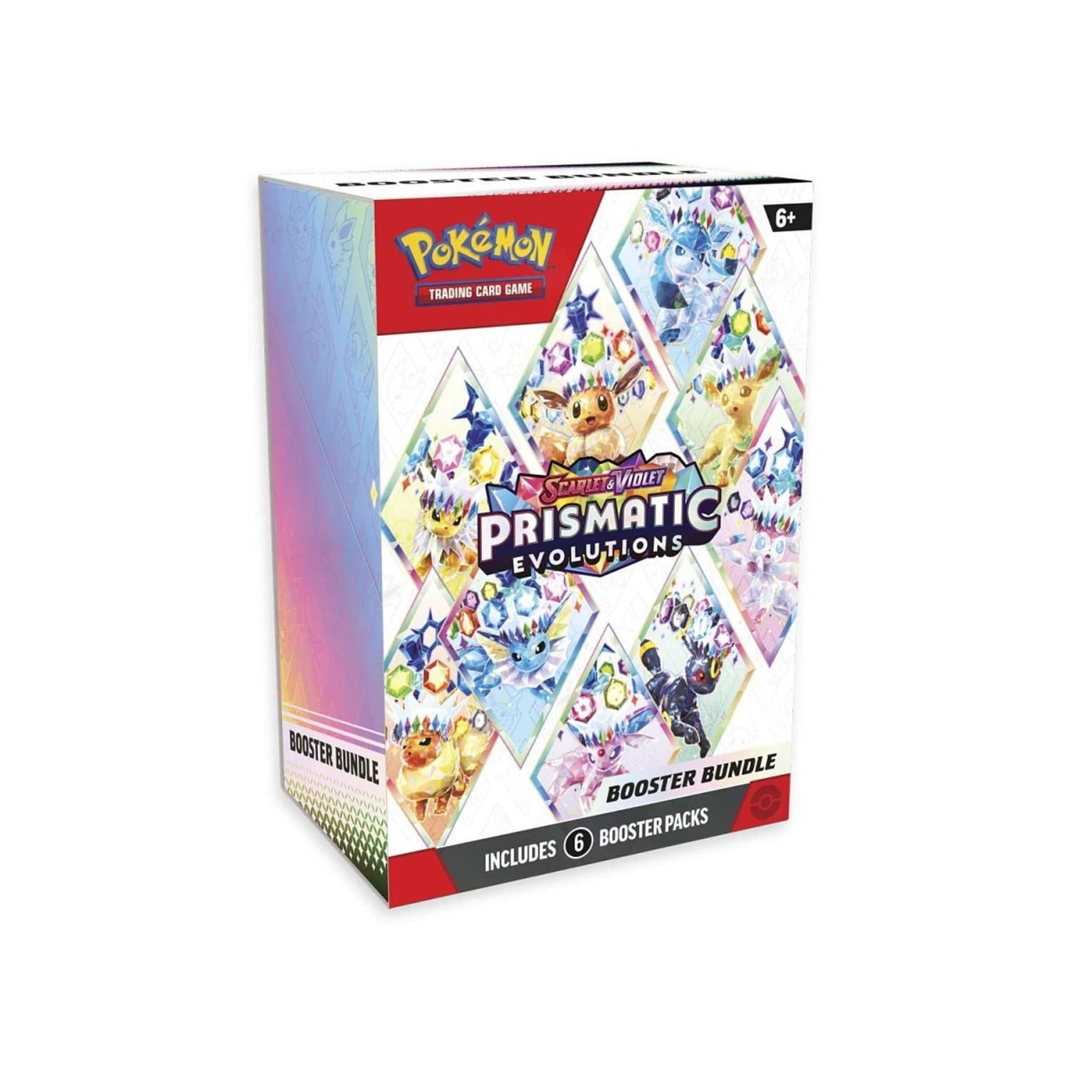 Sealed Pokémon TCG Scarlet & Violet Prismatic Evolutions booster bundle box and six booster packs showing Eevee and evolutions artwork