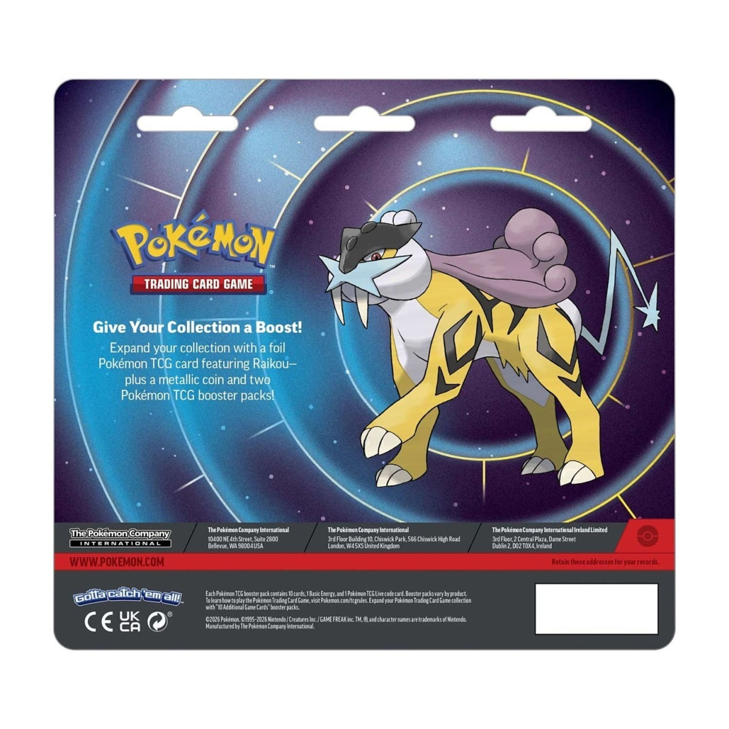 Sealed Pokémon TCG blister pack showing a foil Raikou promo card, a metallic coin and two booster packs