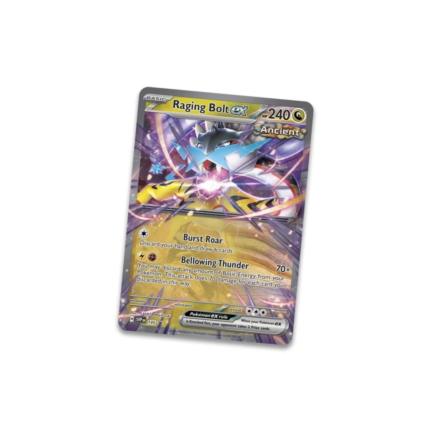 Paradox Destinies tin showing foil Raging Bolt ex promo card, five booster packs and a Pokémon TCG Live code card