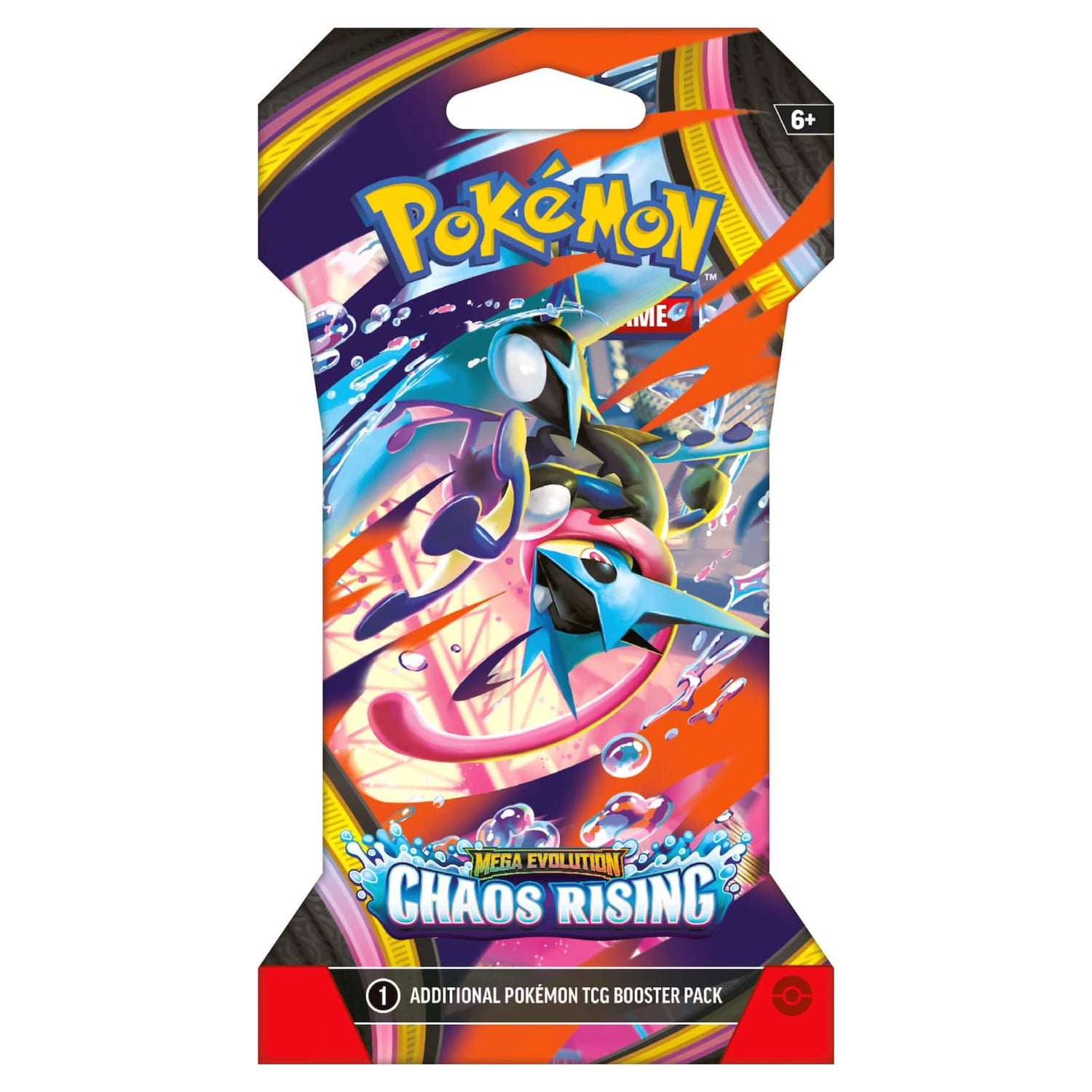 Sealed Pokémon TCG Mega Evolution Chaos Rising sleeved booster pack featuring Mega Greninja, Mega Floette, Mega Pyroar and Mega Dragalge artwork