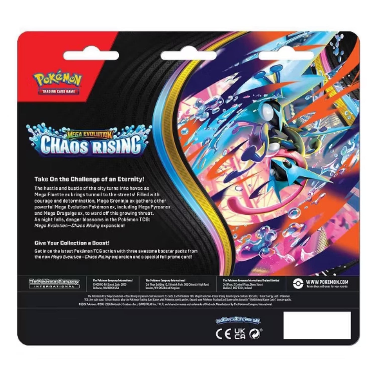 Sealed Pokémon TCG Mega Evolution—Chaos Rising three‑booster blister showing promo Charmeleon card and three booster packs