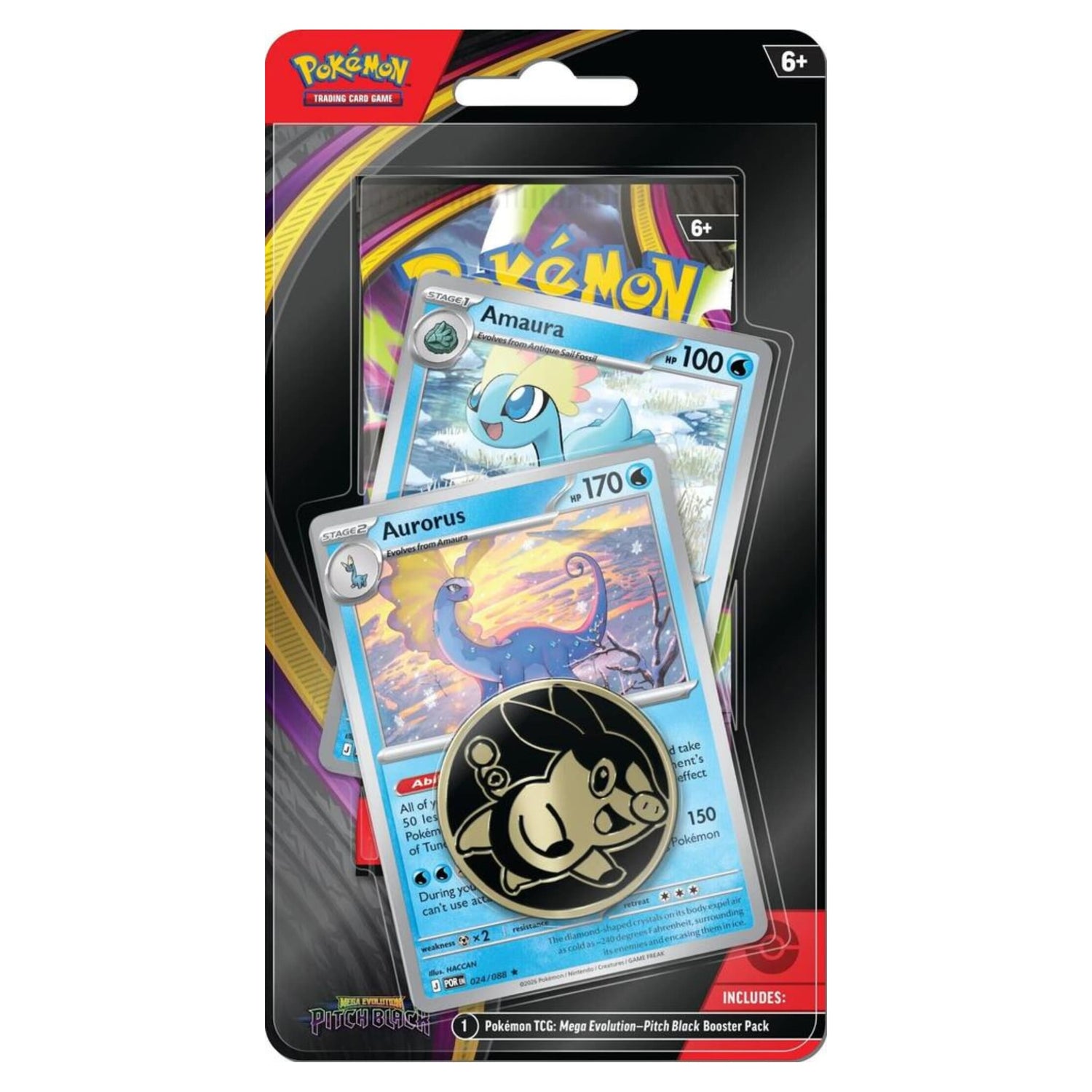 Sealed Pokémon Premium Blister showing Amaura and Aurorus promo cards, a metal coin, and a Pitch Black booster (sealed packaging)