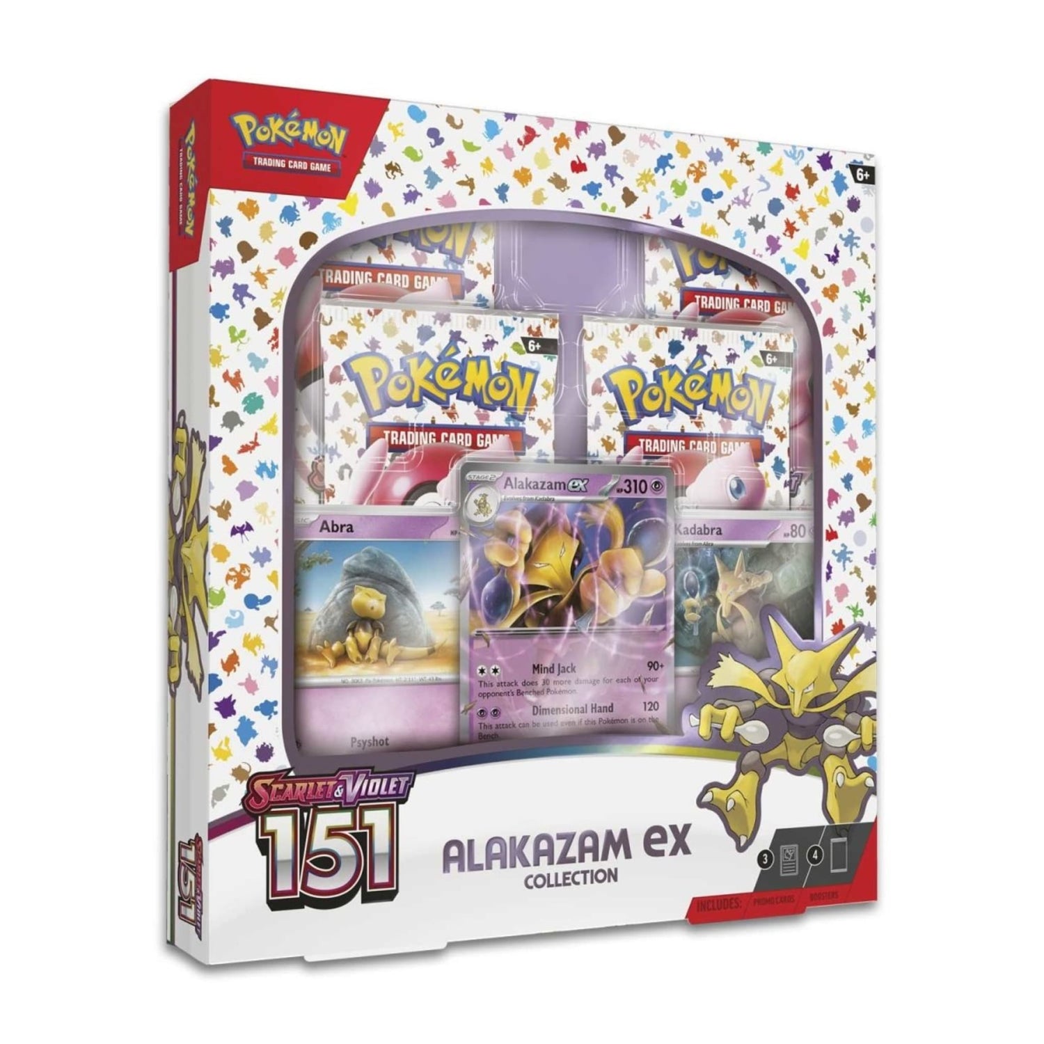 Sealed Pokémon Scarlet & Violet—151 Alakazam ex Collection box showing Alakazam ex promo card, Abra and Kadabra foil cards, and four booster packs.