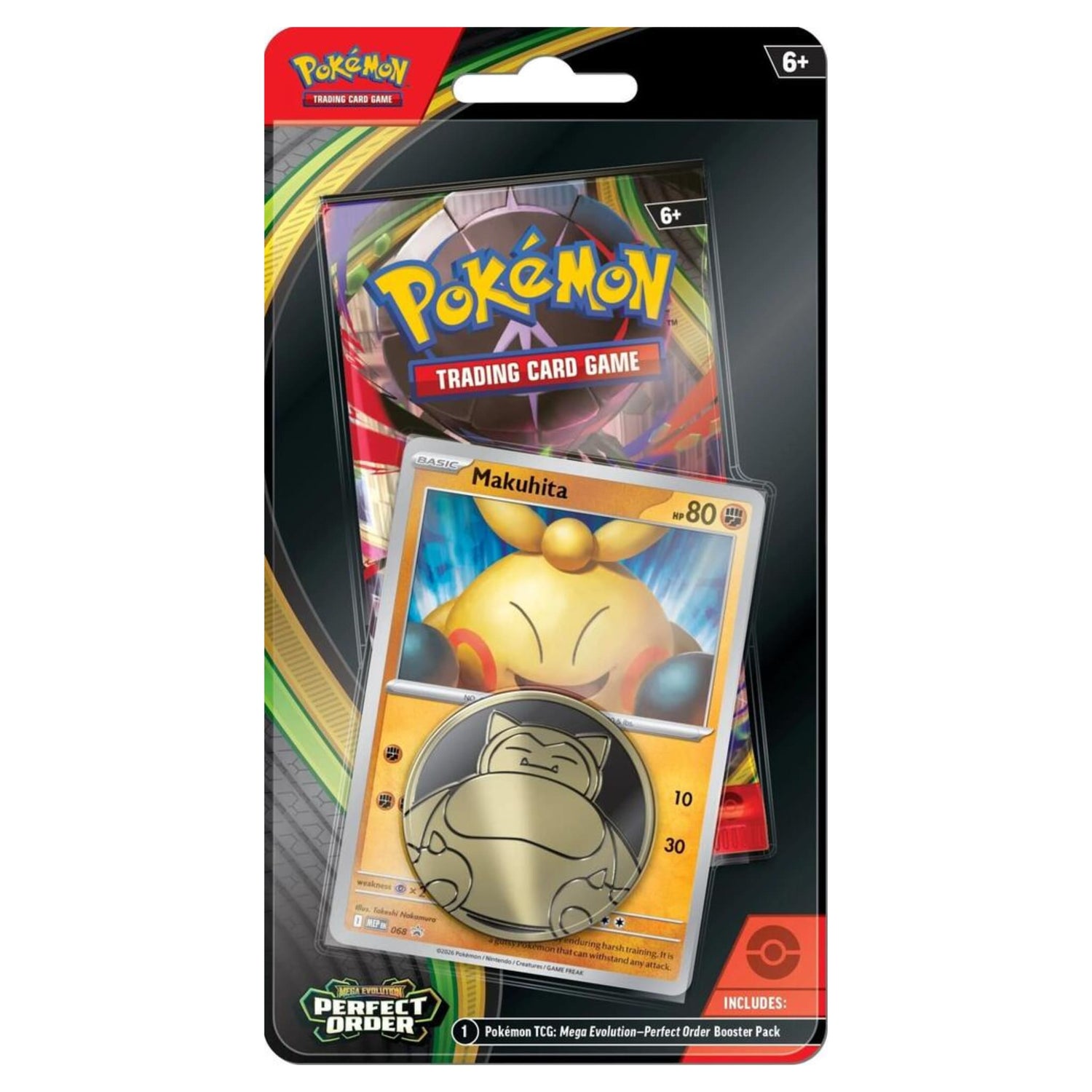 Front of Pokémon TCG Perfect Order blister showing Makuhita promo card and metal coin, with a Mega Evolution—Perfect Order booster pack visible.