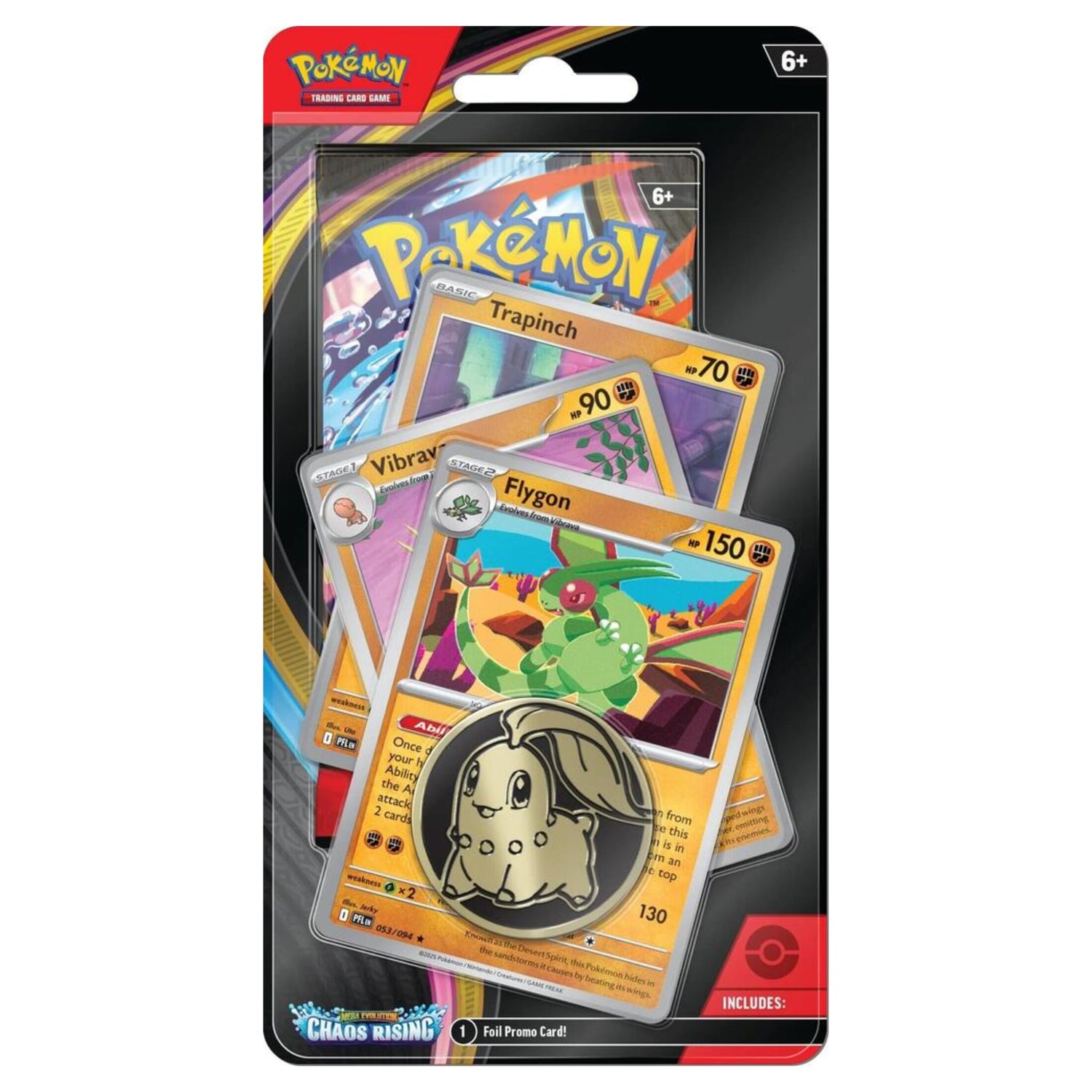 Sealed Pokémon Chaos Rising checklane blister showing Flygon-line foil promo card, coin and booster pack