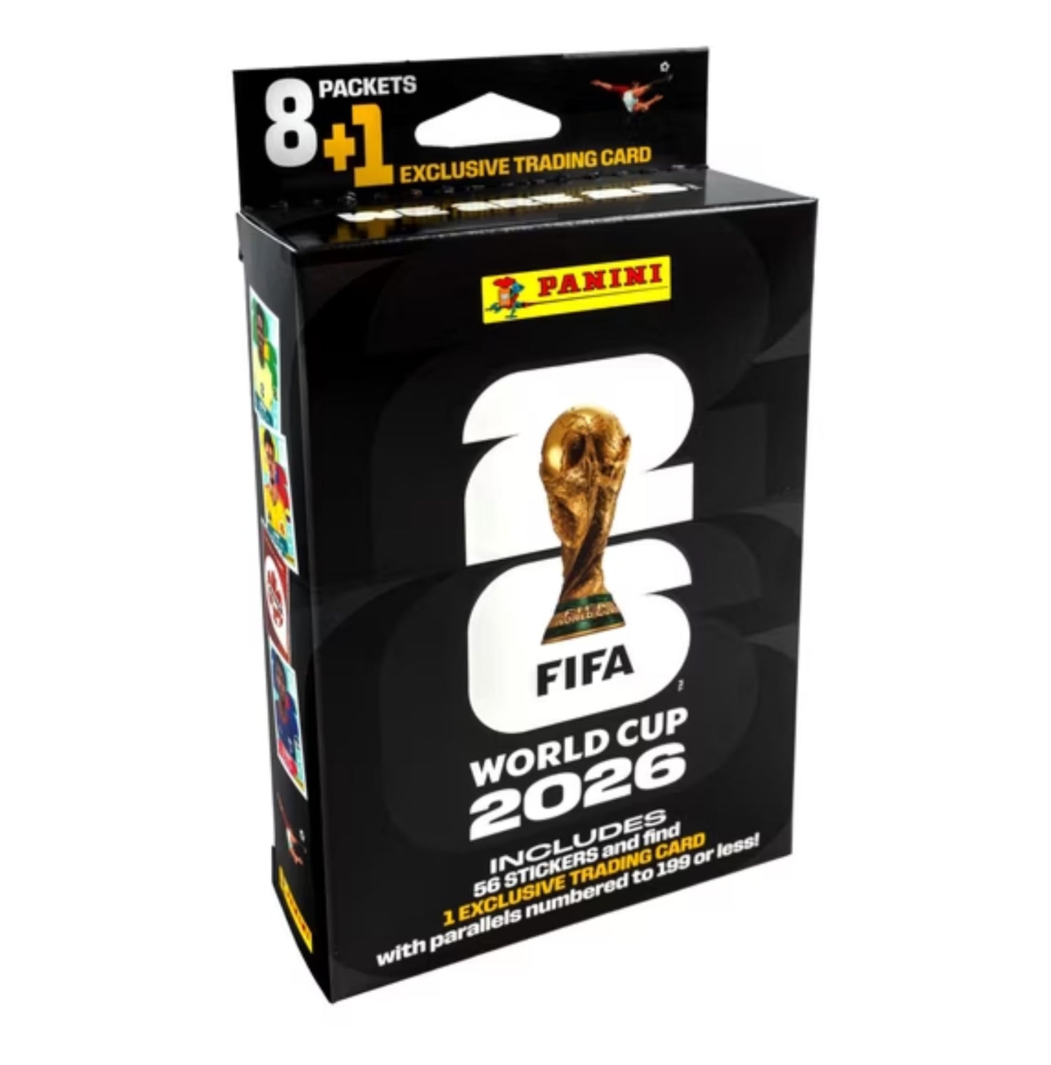 Panini FIFA World Cup 2026 sealed pack box – packaging shows 8 packets + 1 exclusive trading card and 56 stickers