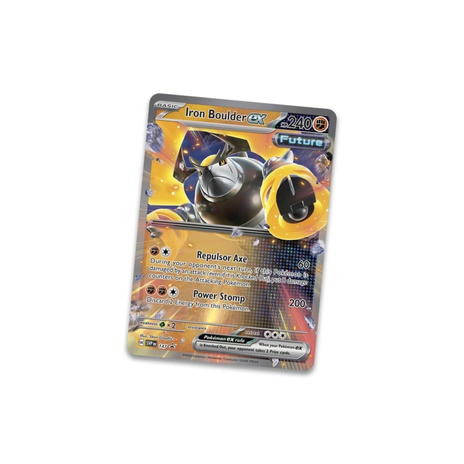 Sealed Pokémon TCG Paradox Destinies tin featuring Iron Boulder ex promo card, five booster packs and a Pokémon TCG Live code card.