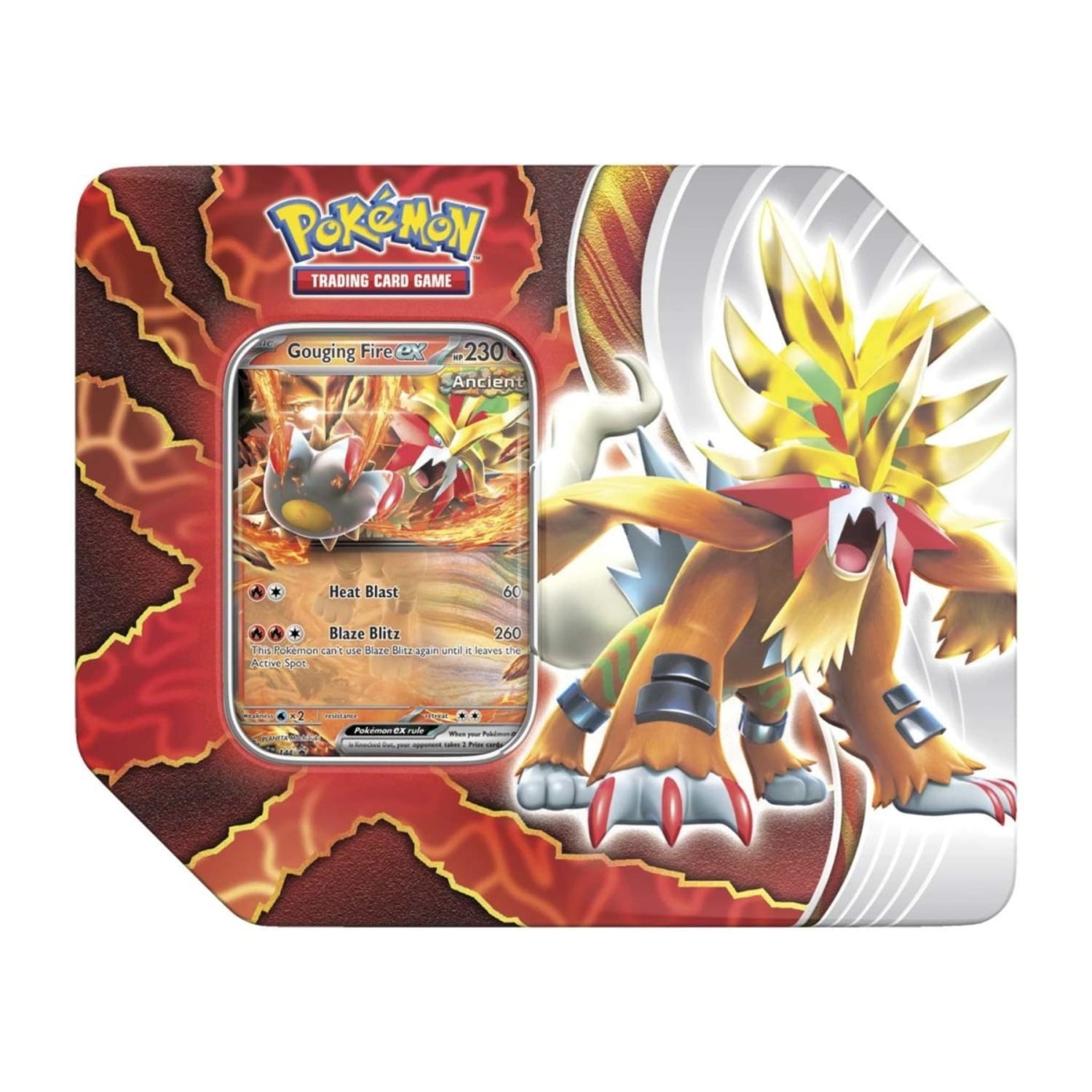 Sealed Pokémon TCG Paradox Destinies tin showing foil Gouging Fire ex promo card, five booster packs and Pokémon TCG Live code card