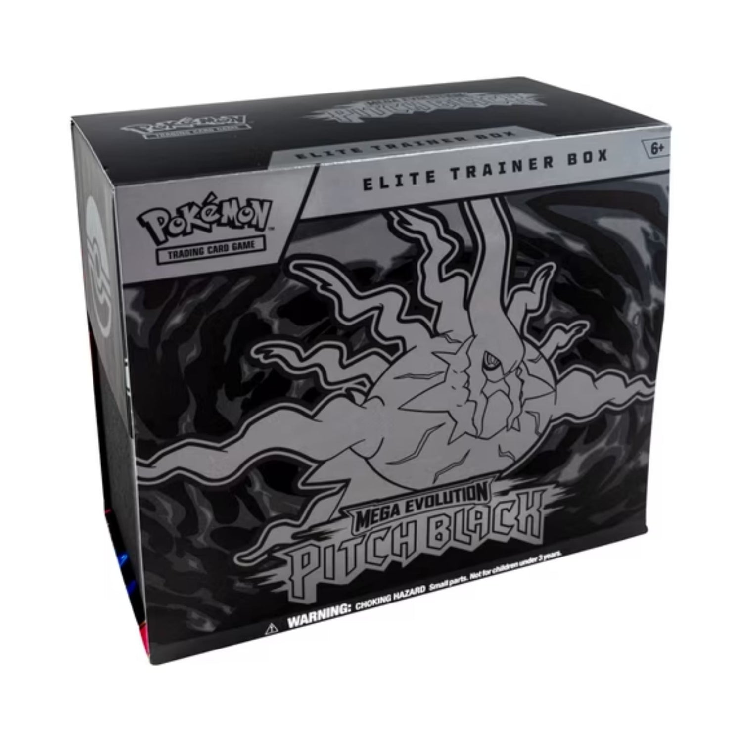 Sealed Pokémon TCG Mega Evolution—Pitch Black Elite Trainer Box with shown contents (booster packs, sleeves, promo, dice, tokens)