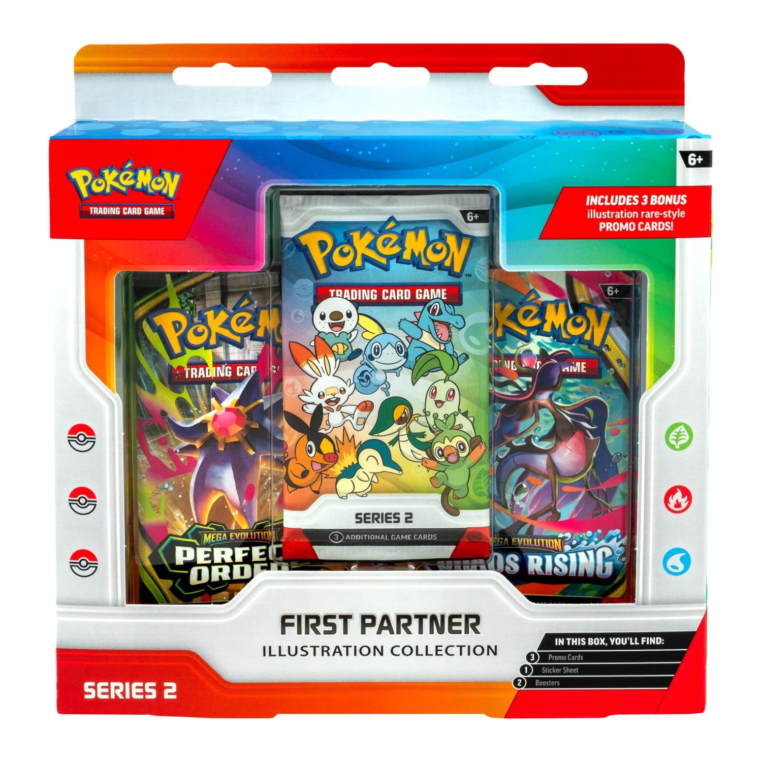 Sealed Pokémon TCG First Partner Illustration Collection Series 2 box showing First Partner artwork, two booster pack images, and sticker sheet illustration with 'Includes 3 bonus promo cards' noted on packaging.