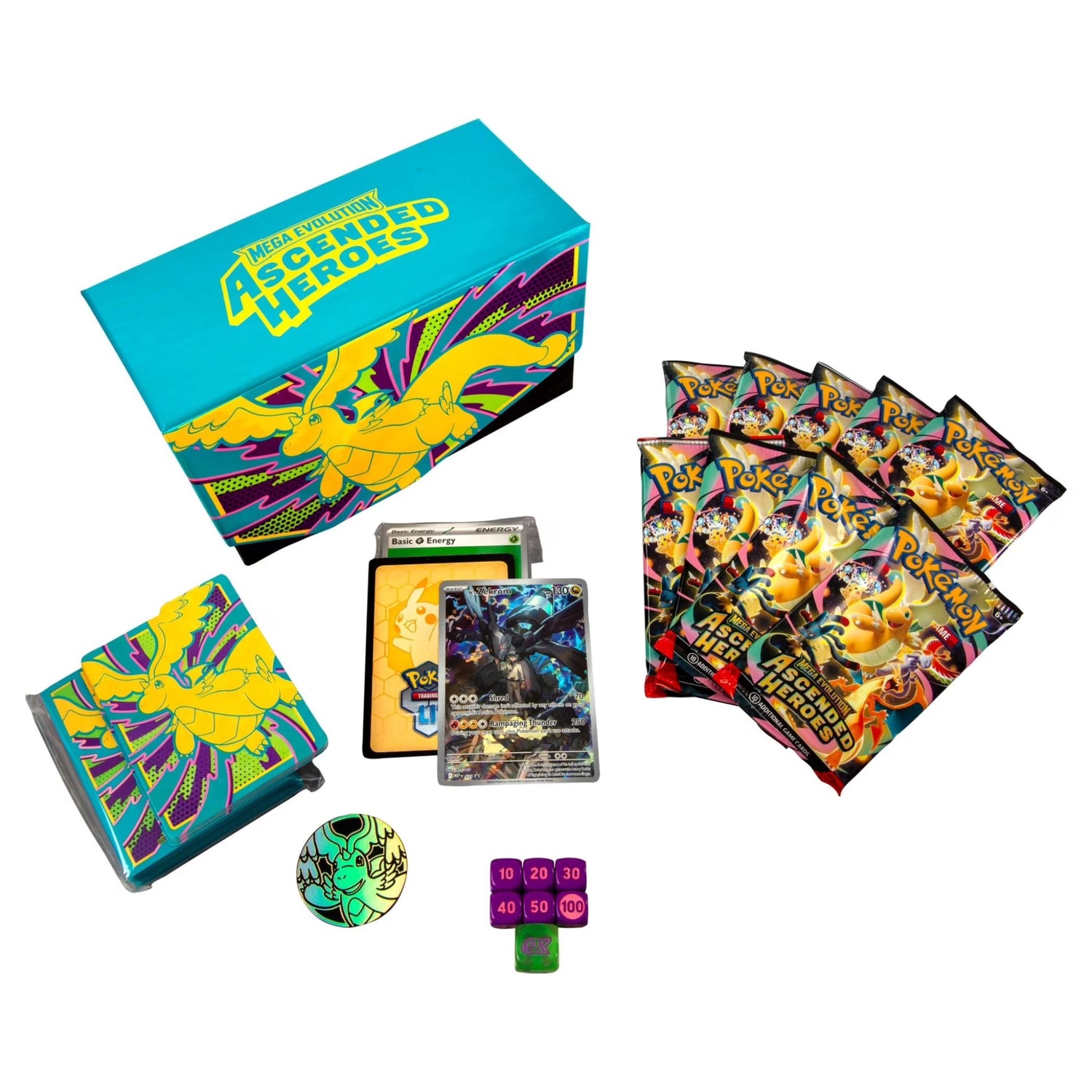 Sealed Pokémon Mega Evolution—Ascended Heroes Elite Trainer Box showing box artwork, promo foil card, booster packs and accessories