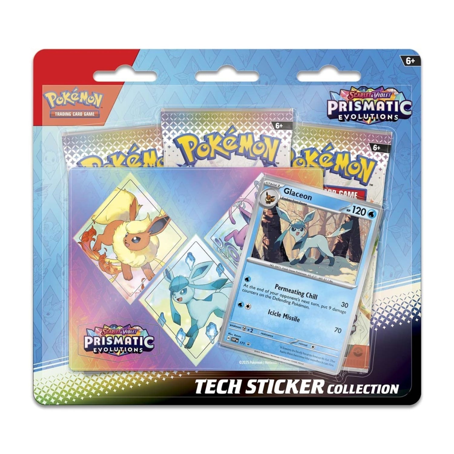 Packaged Pokémon TCG Scarlet & Violet Prismatic Evolutions Tech Sticker Collection showing Glaceon foil promo, tech sticker sheet, and three booster packs