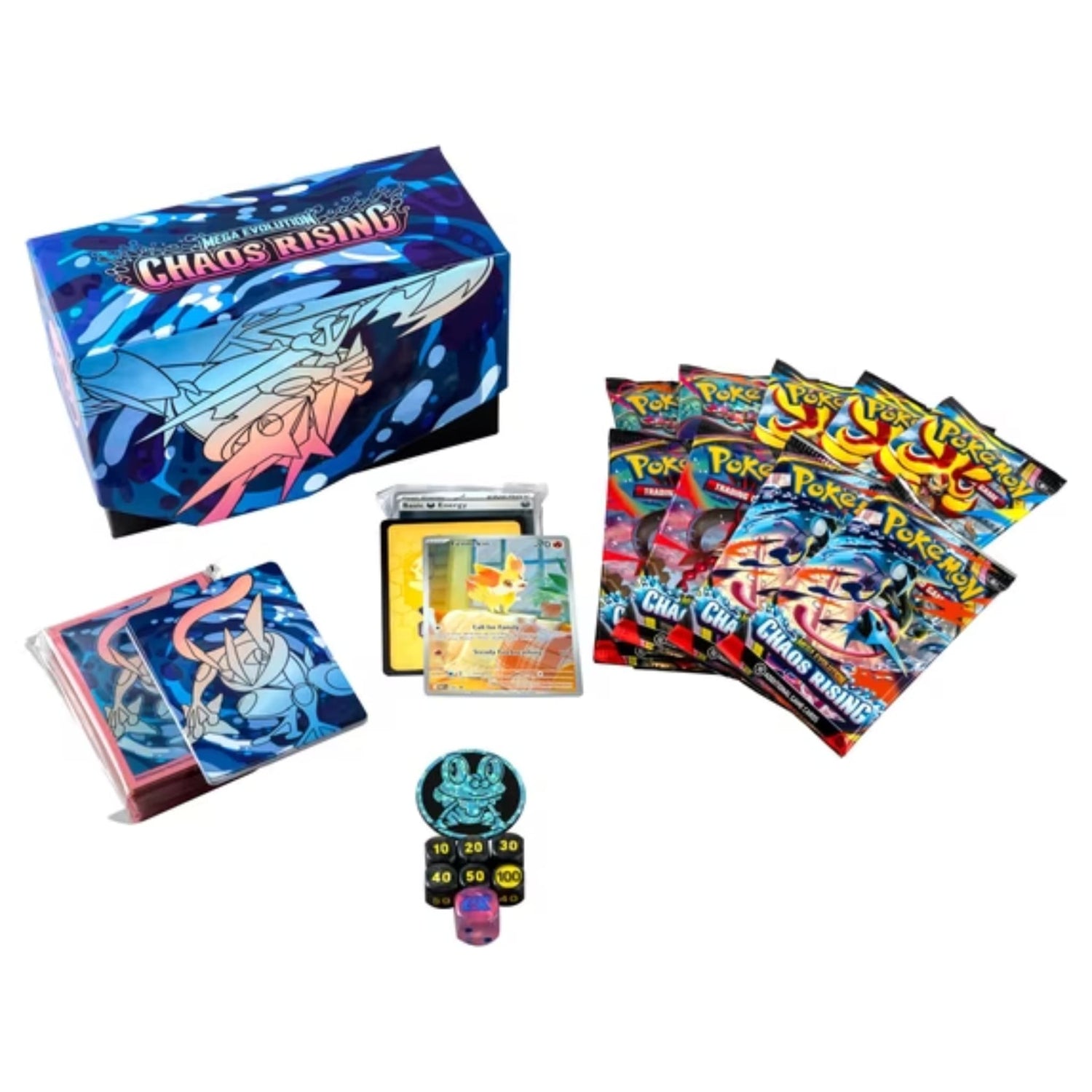 Pokémon TCG Mega Evolution Chaos Rising Elite Trainer Box and included contents (booster packs, Fennekin promo, sleeves, dice, coin, energy cards, player’s guide, collector box)