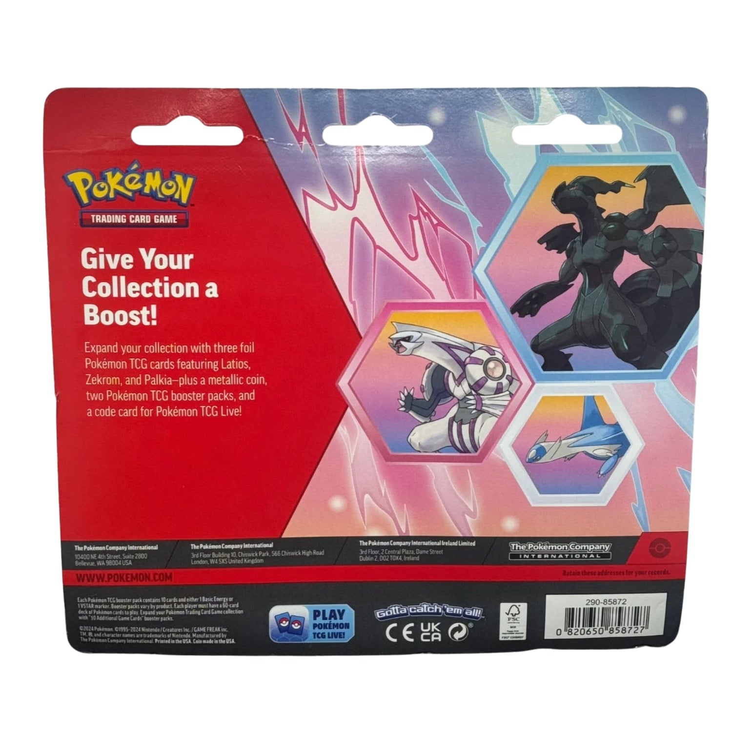 Factory-sealed Pokémon TCG blister showing foil Latios, Zekrom and Palkia cards, a metallic coin and two booster packs