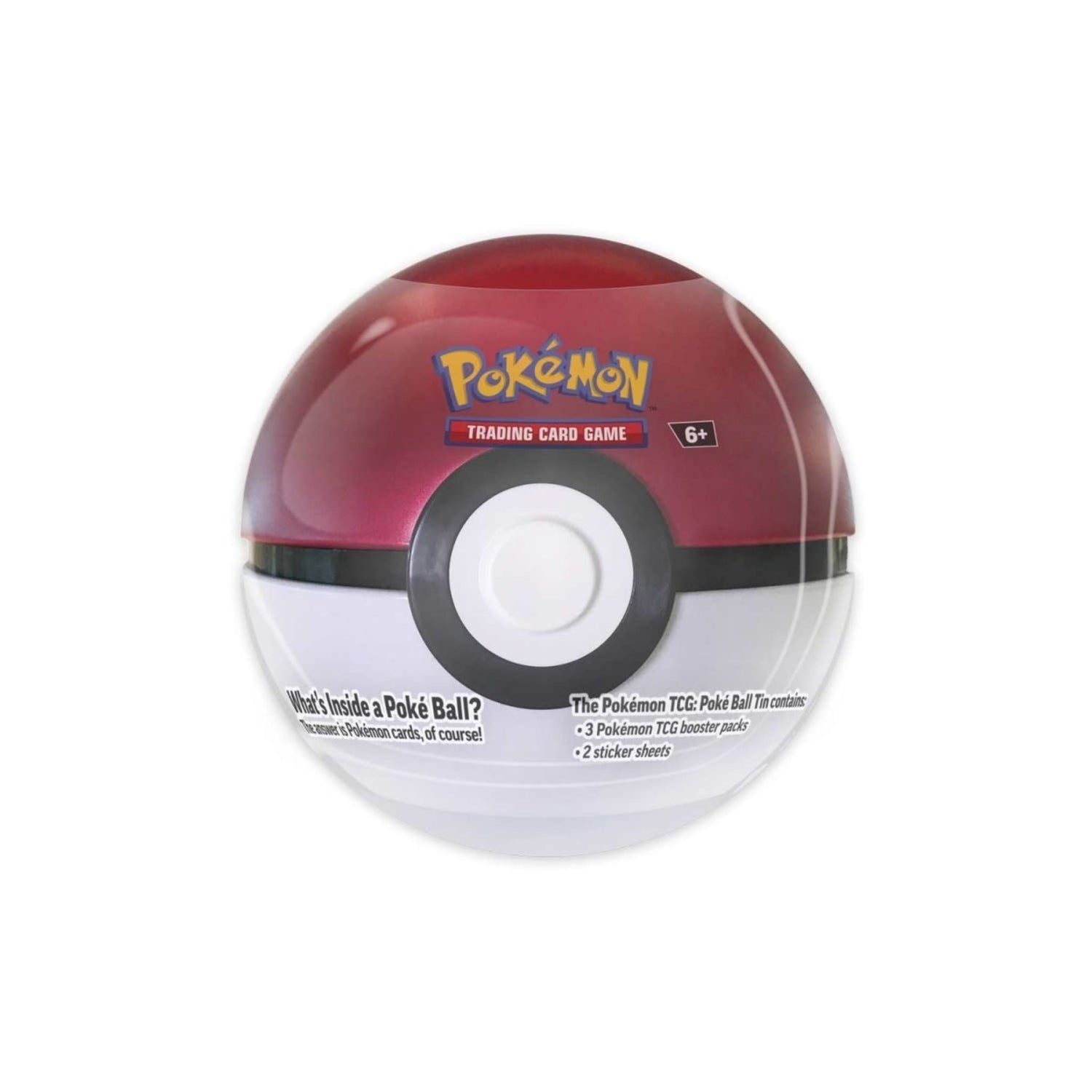 Sealed Pokémon Poké Ball Tin (E25) showing packaging text: 3 Pokémon TCG booster packs and 2 sticker sheets