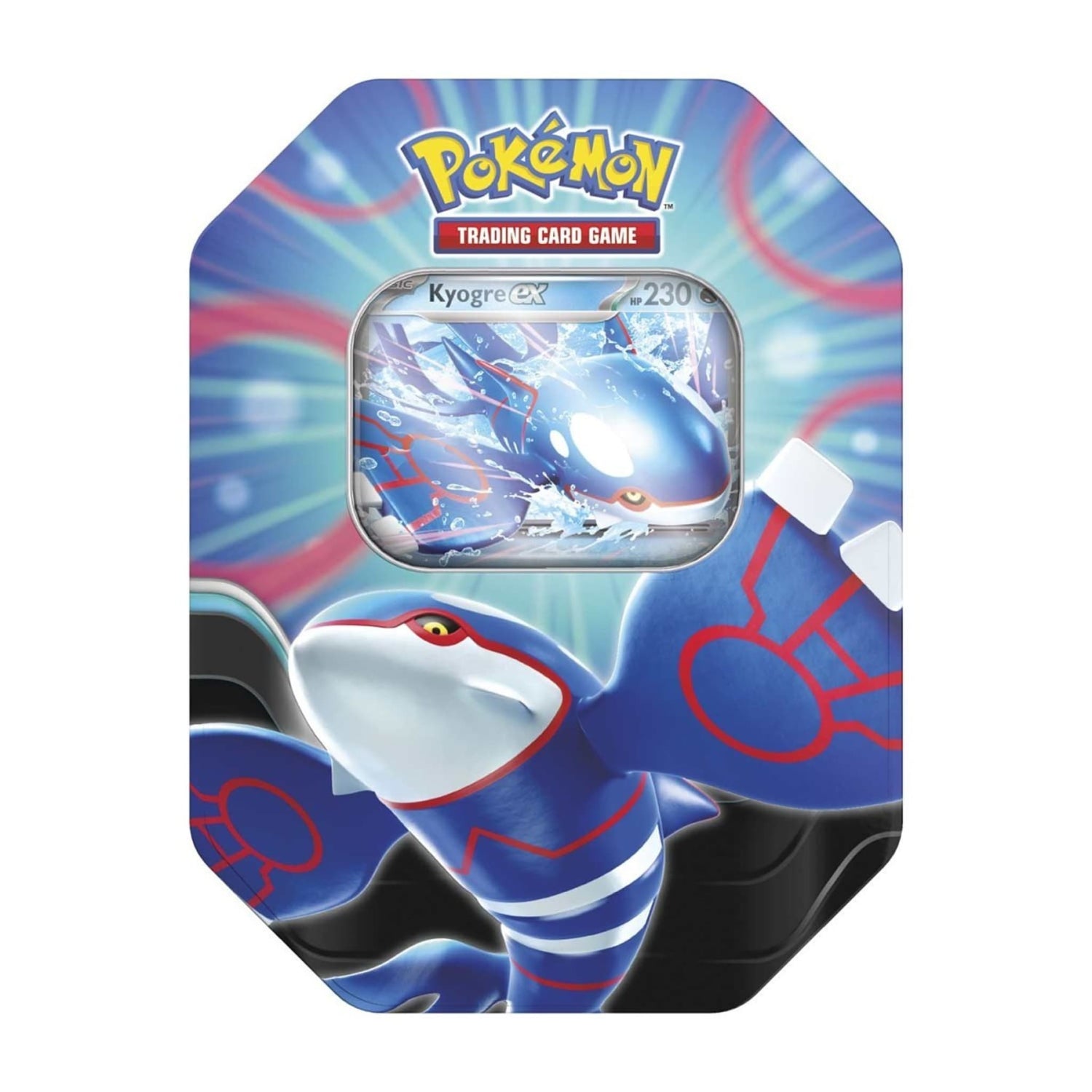 Azure Legends metal tin showing Kyogre ex foil promo card, booster pack images and Pokémon TCG Live code card.