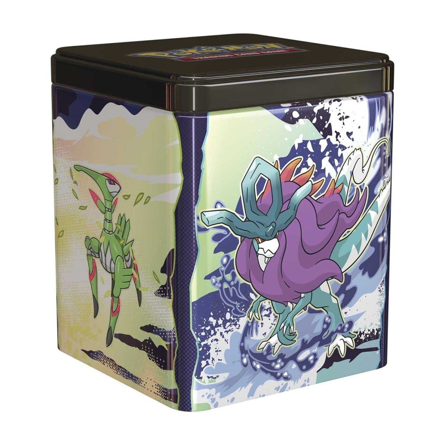 Sealed Pokémon TCG stacking tin featuring Pokémon artwork; includes three booster packs and two sticker sheets.