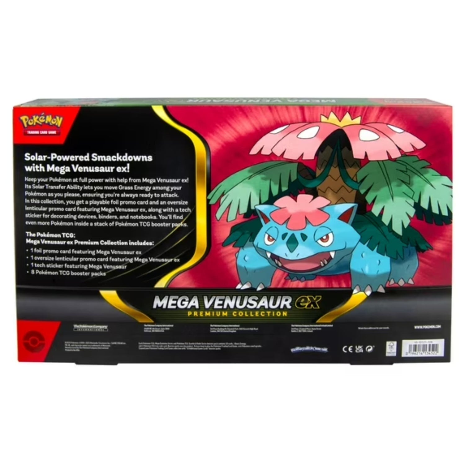 Sealed Pokémon TCG Mega Venusaur ex Premium Collection box showing foil promo, oversize lenticular, tech sticker and booster packs