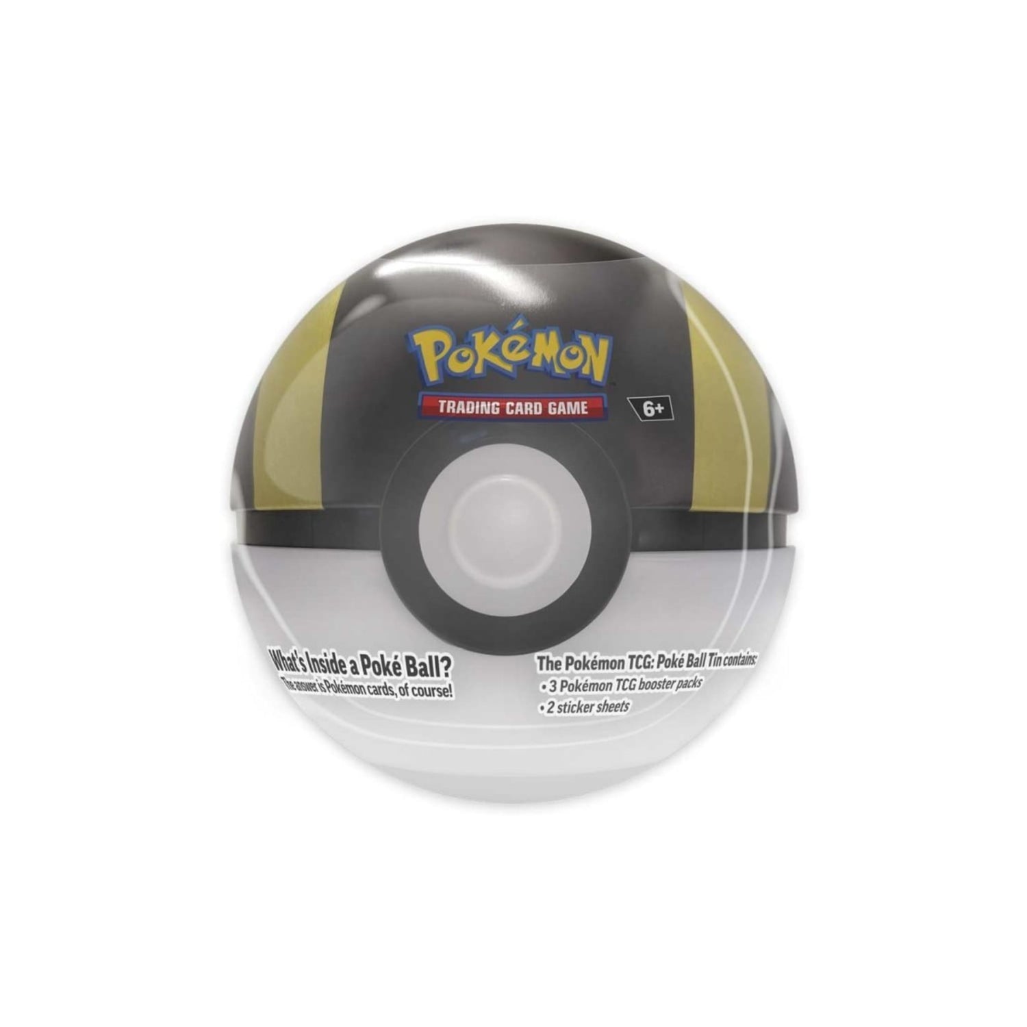Metal Poké Ball-shaped Pokémon TCG tin showing product label and contents list.