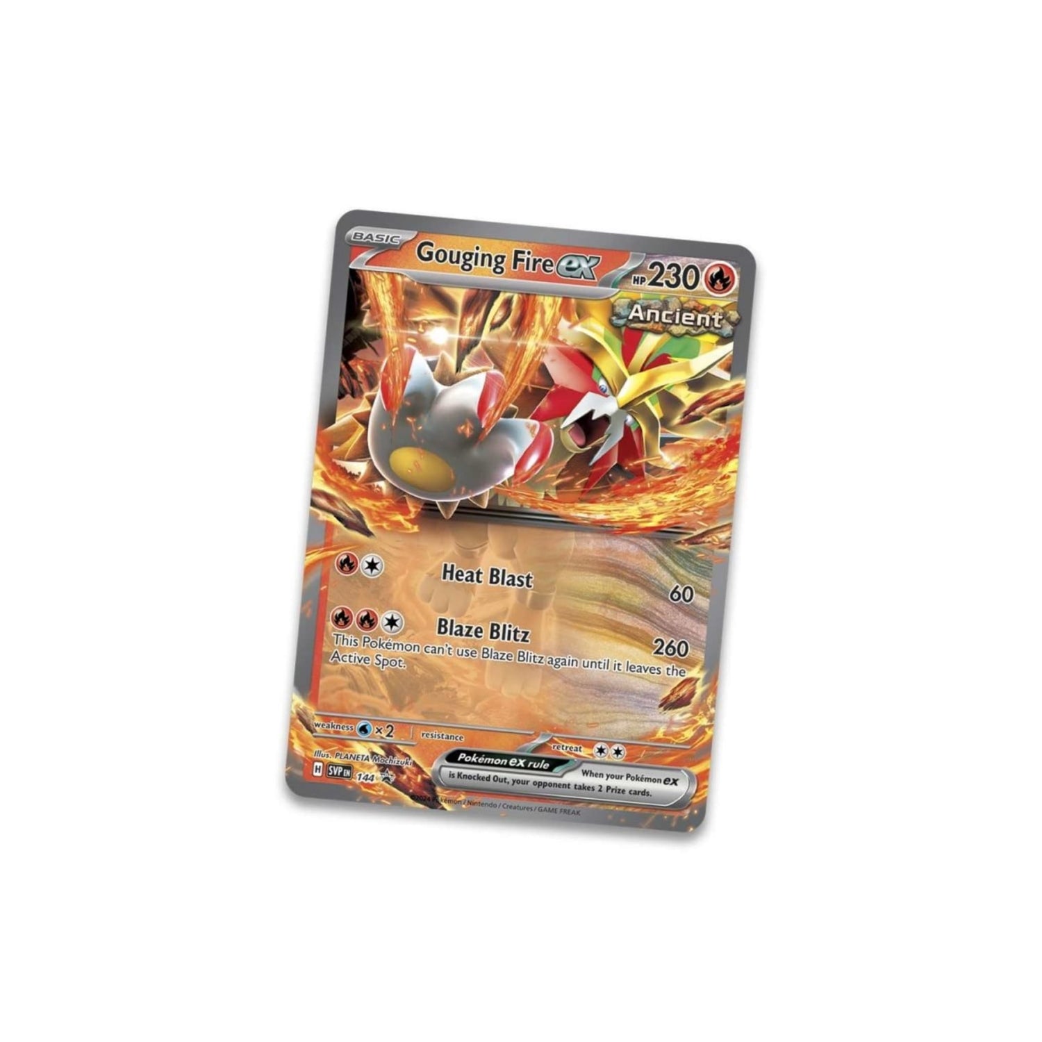 Sealed Pokémon TCG Paradox Destinies tin showing foil Gouging Fire ex promo card, five booster packs and Pokémon TCG Live code card