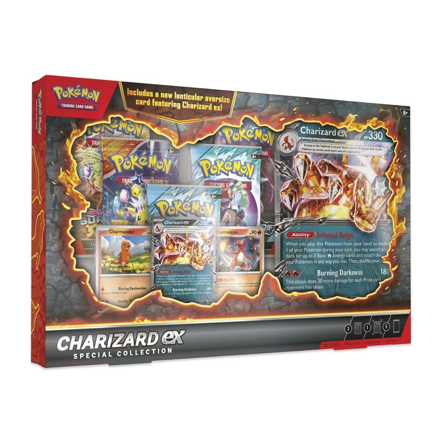 Sealed Pokémon Charizard ex Special Collection box showing booster packs, promo foil cards and oversized lenticular Charizard ex