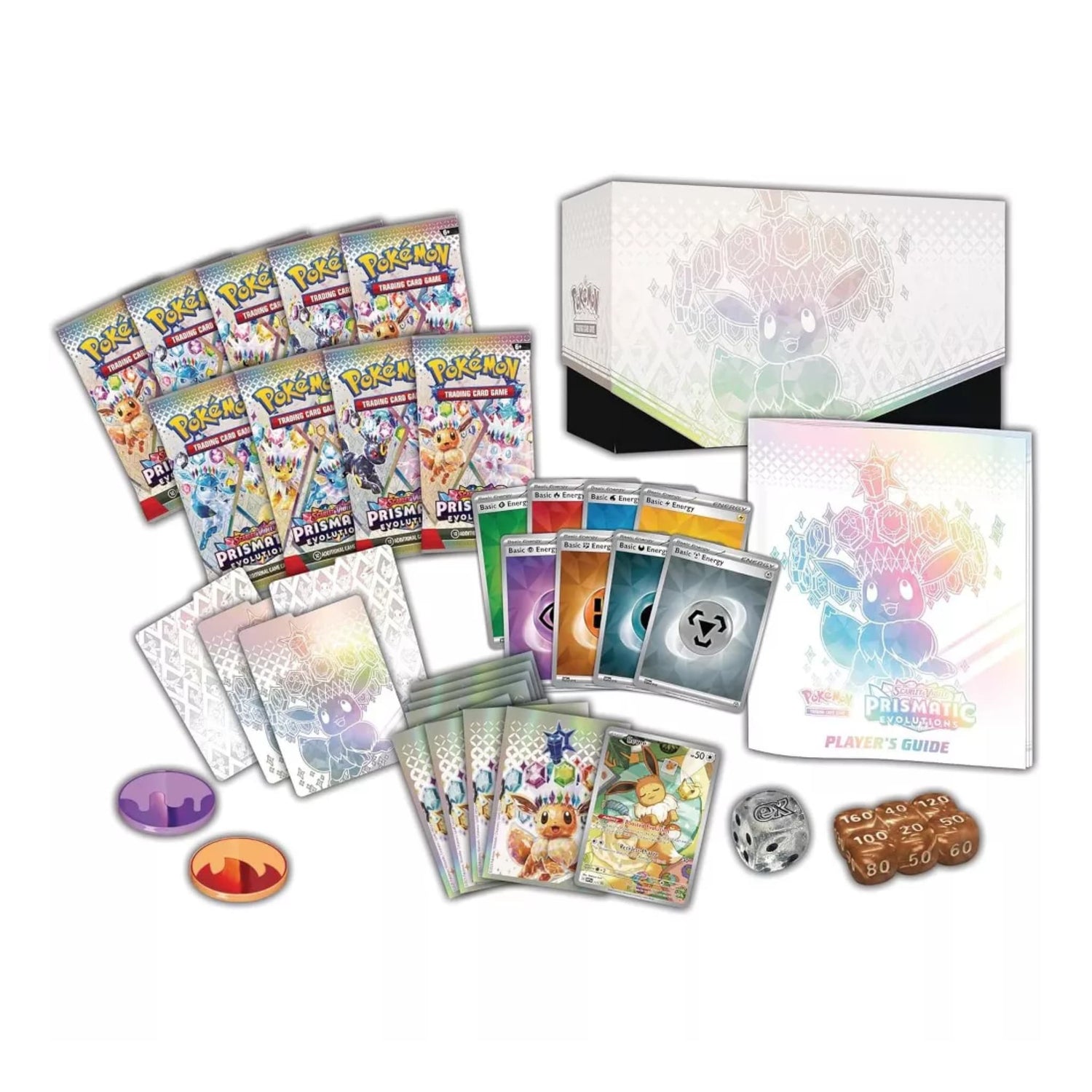 Sealed Pokémon Scarlet & Violet Prismatic Evolutions Elite Trainer Box featuring crystal-style Eevee artwork and contents: booster packs, promo card, sleeves, energy cards, dice, markers and player’s guide.