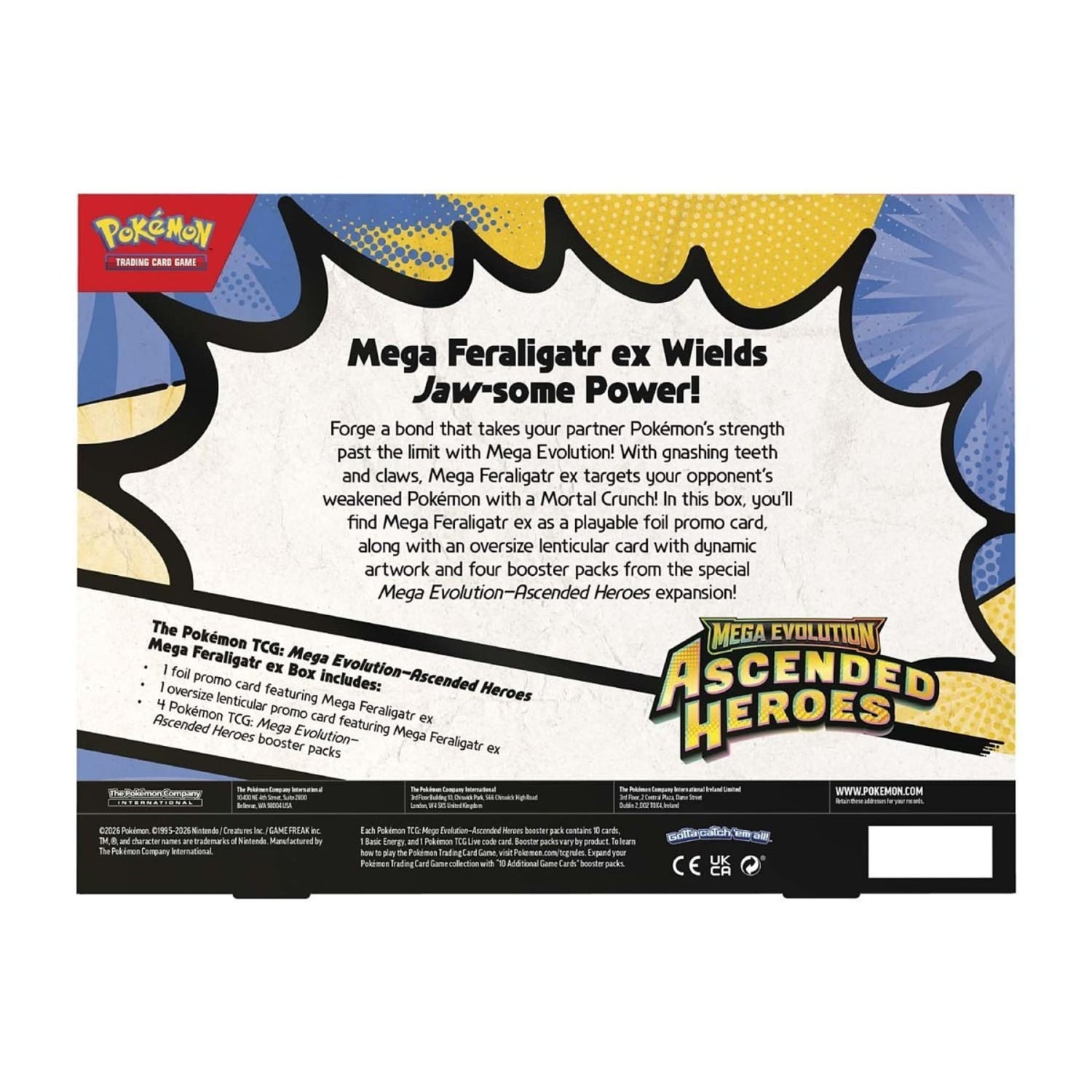 Sealed Pokémon TCG Mega Feraligatr ex Box (Mega Evolution—Ascended Heroes) showing foil promo card, oversize lenticular card and four booster packs