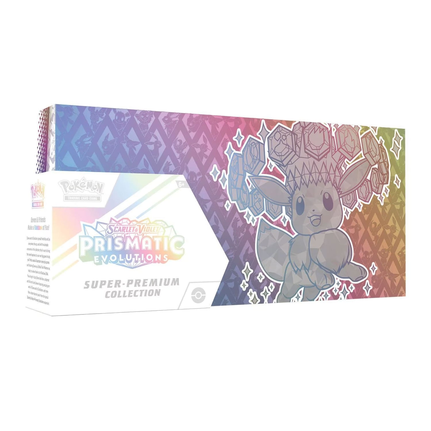 Sealed Pokémon TCG Scarlet & Violet Prismatic Evolutions Super‑Premium Collection box and contents featuring Eevee artwork