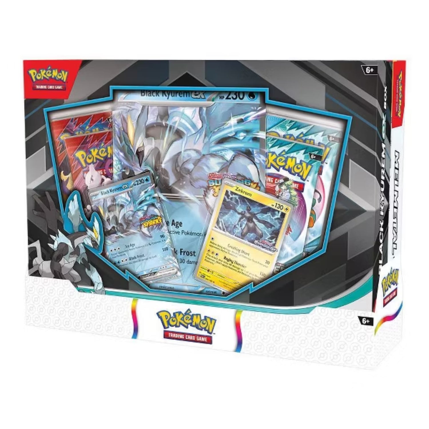 Sealed Pokémon TCG promo box showing Melmetal ex and Black Kyurem ex oversized promo cards, booster packs and a code card.