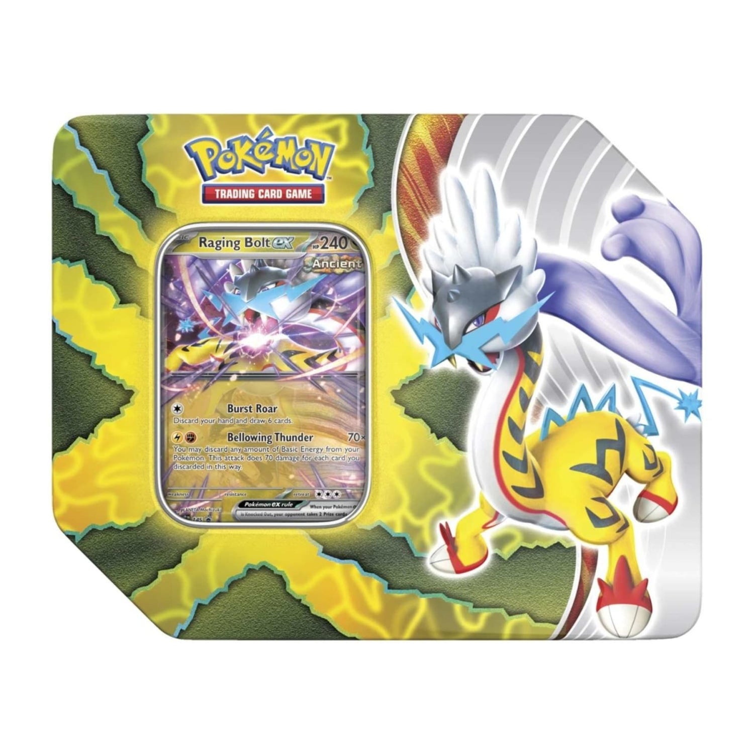 Paradox Destinies tin showing foil Raging Bolt ex promo card, five booster packs and a Pokémon TCG Live code card