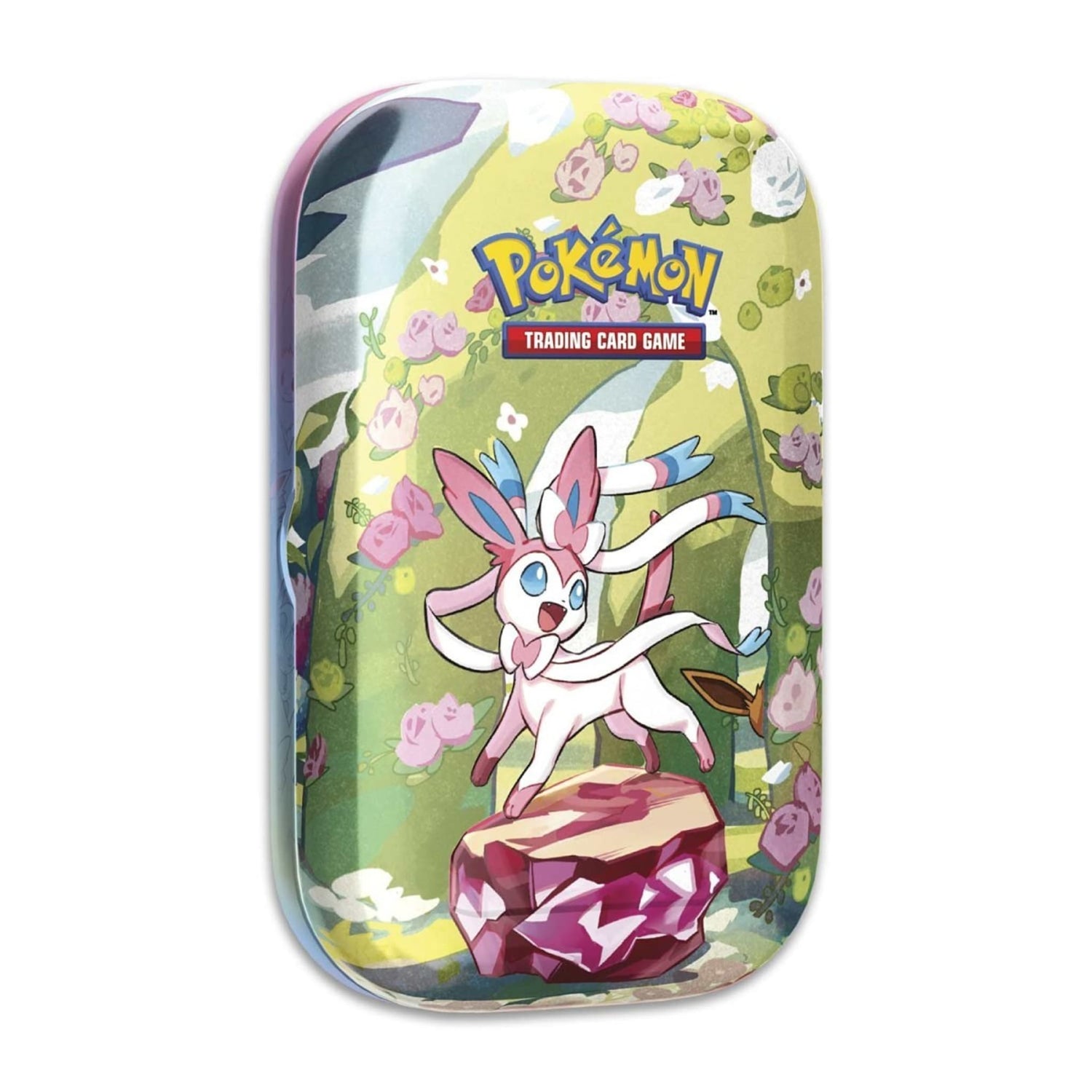 Pokémon TCG Prismatic Evolutions mini tin featuring Sylveon and Eevee artwork (includes booster packs and Eevee coin)