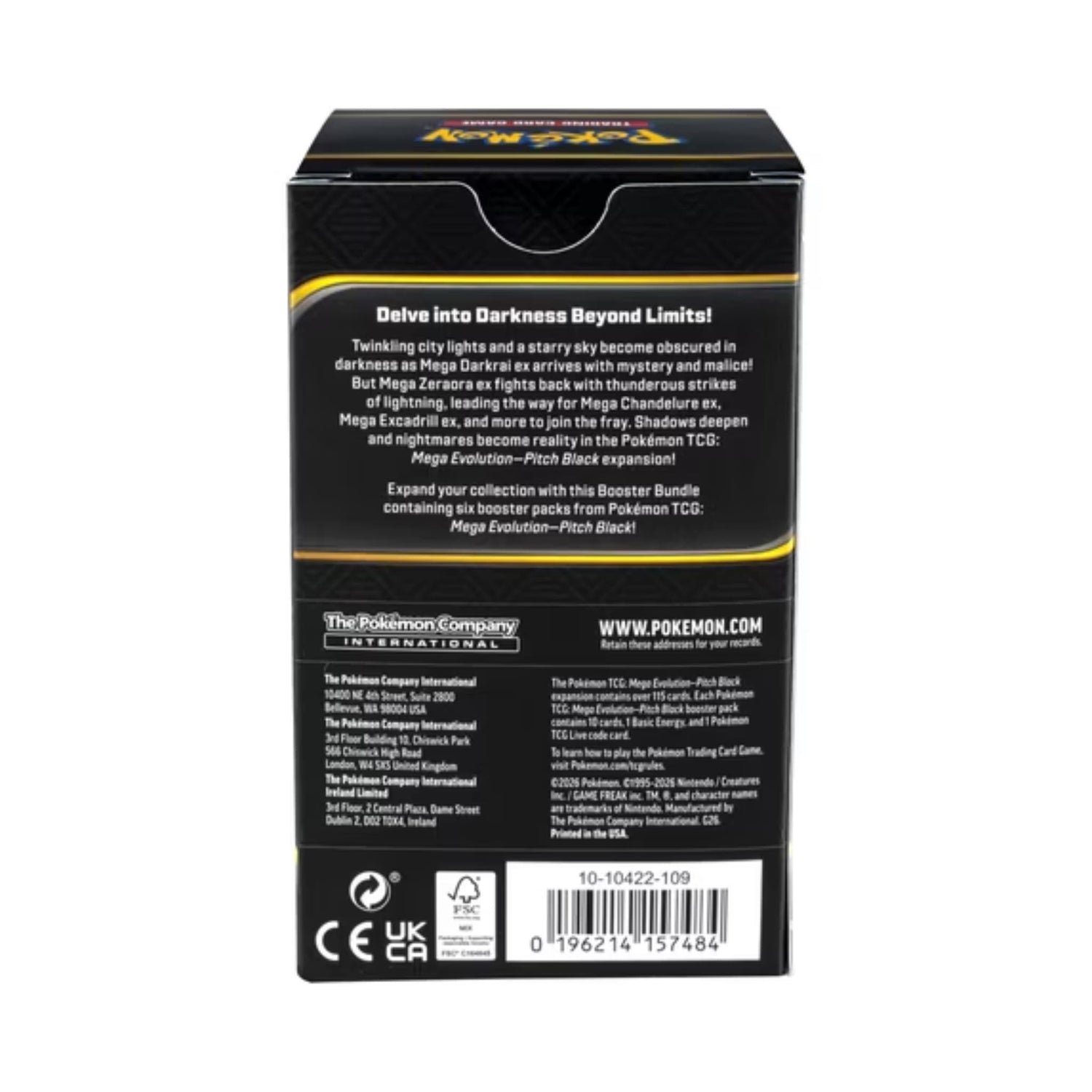 Sealed Pokémon TCG Mega Evolution—Pitch Black Booster Bundle box and six booster packs featuring Mega Darkrai ex and Mega Zeraora ex