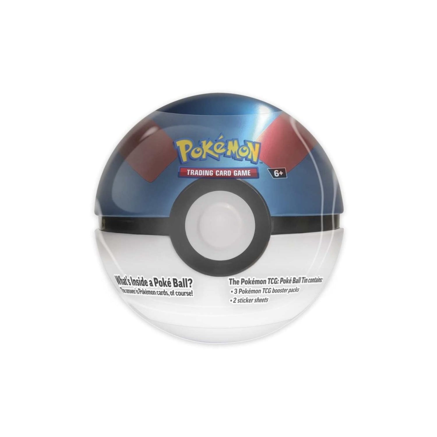 Collectible Pokémon Poké Ball metal tin showing label: contains 3 Pokémon TCG booster packs and 2 sticker sheets
